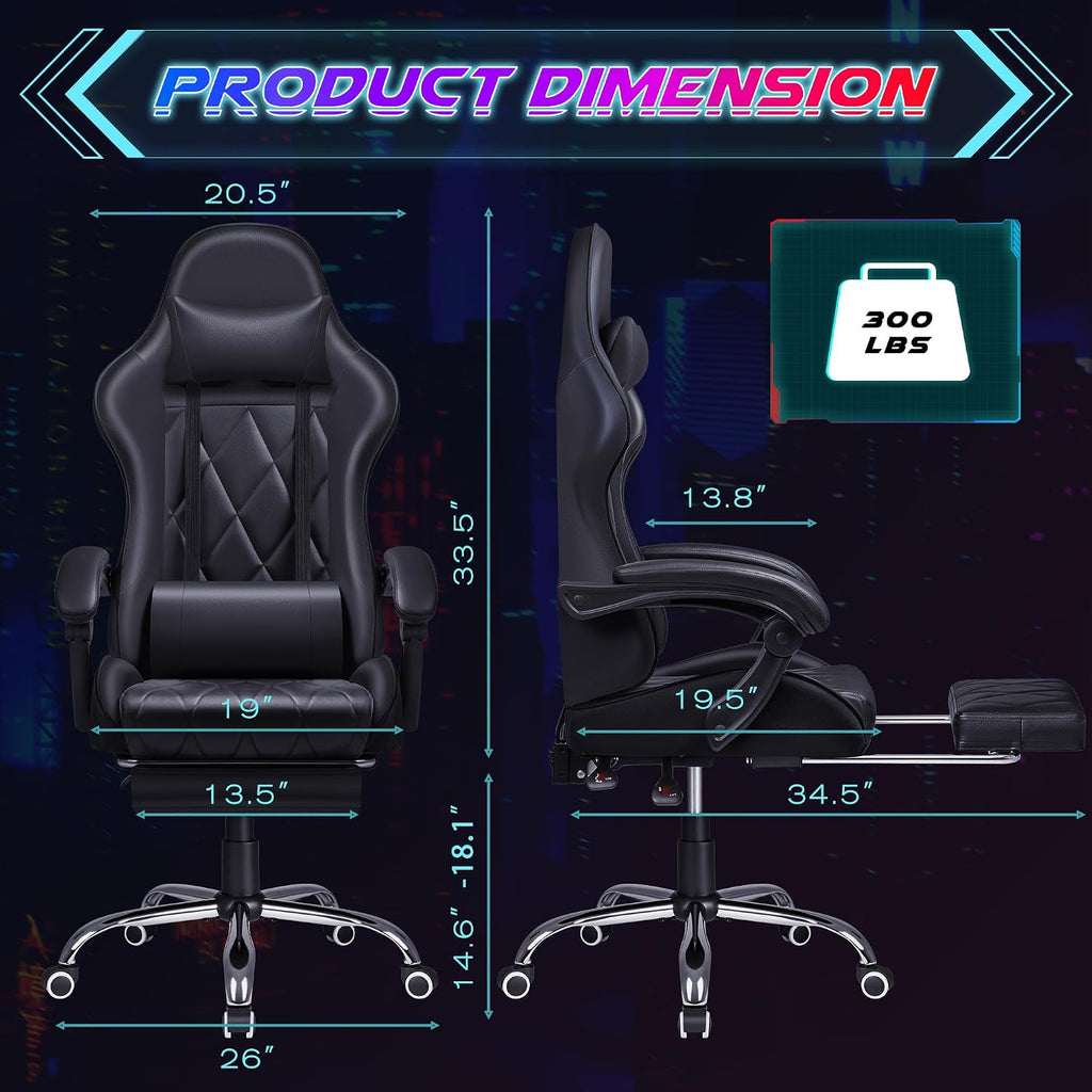 Shahoo Gaming Chair with Footrest and Massage Lumbar Support, Computer Game Chairs Ergonomic Office Seat Height Adjustable with Headrest, Black