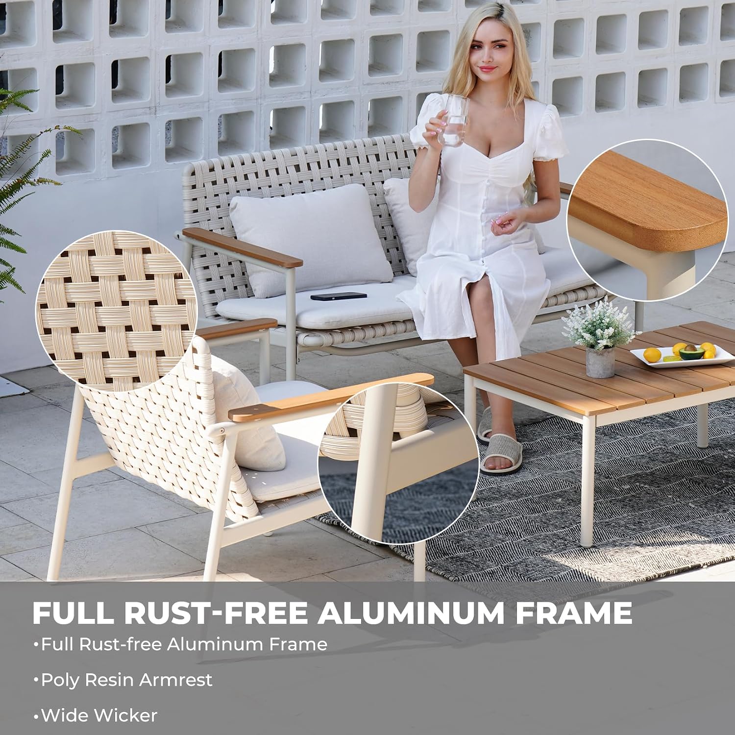 Grand patio 4-Piece Oversized Aluminum Patio Furniture Set, Extra Wide Wicker Sofa Set with E-Coated Faux Wood Grain Coffee Table and Water-Resistant Olefin Cushions