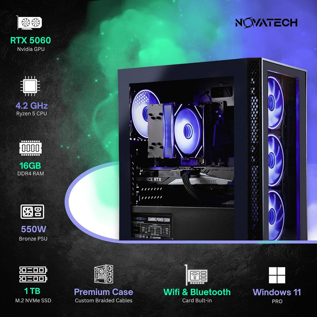 NOVATECH Titan Prebuilt Gaming PC Desktop Computer - RTX 5060 - Ryzen 5-1TB M.2 SSD - 16GB RAM WiFi/BT, Win 11 Pro - Gaming Computer Tower, Pre Built PC Gaming - 1 Year Warranty