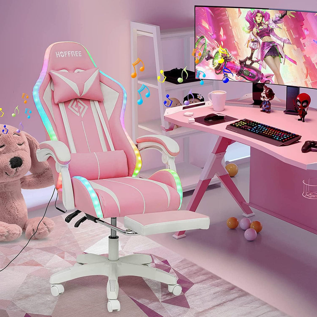 HOFFREE Pink Gaming Chair with Bluetooth Speakers and LED RGB Lights Cute Ergonomic Massage Computer Gaming Chair with Footrest High Back Video Game Chair with Lumbar Support Pink and White