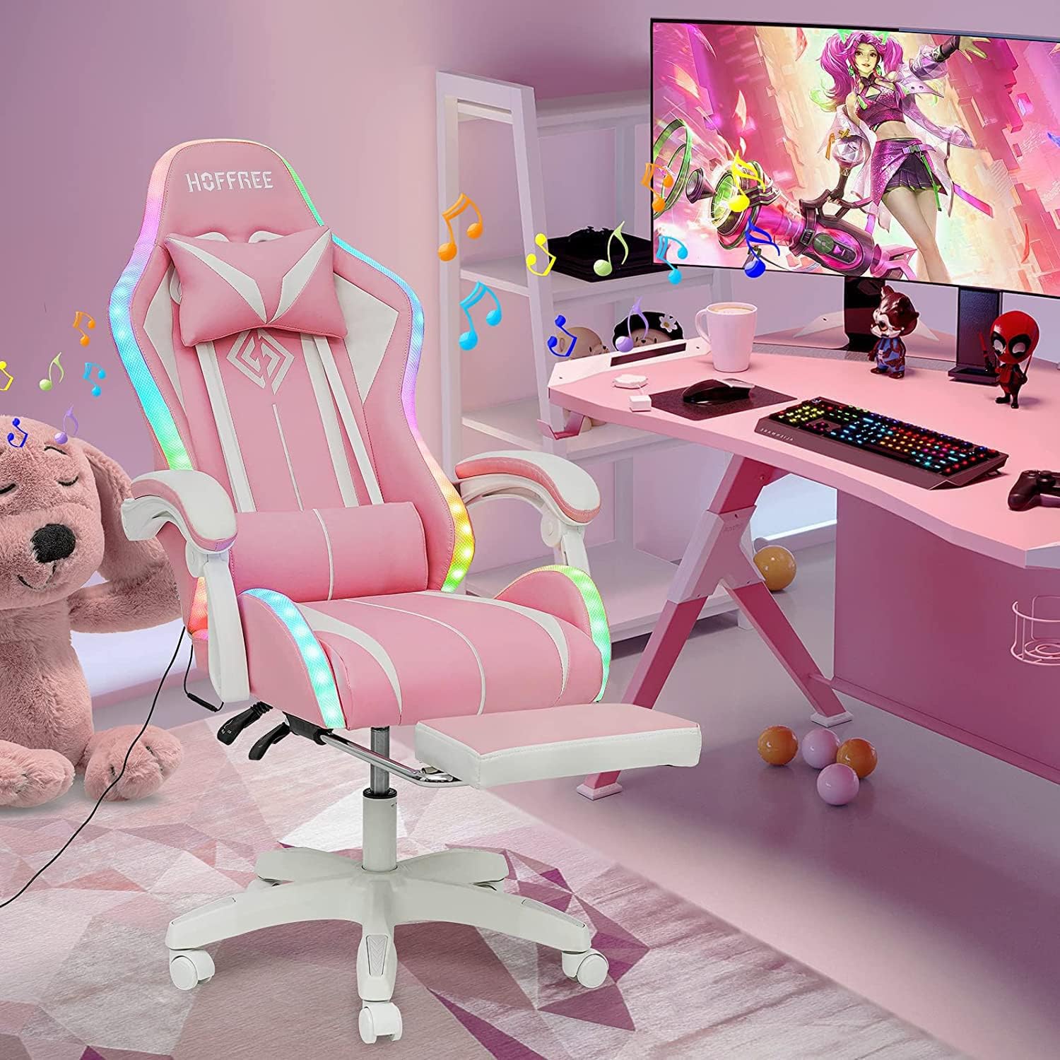 HOFFREE Pink Gaming Chair with Bluetooth Speakers and LED RGB Lights Cute Ergonomic Massage Computer Gaming Chair with Footrest High Back Video Game Chair with Lumbar Support Pink and White