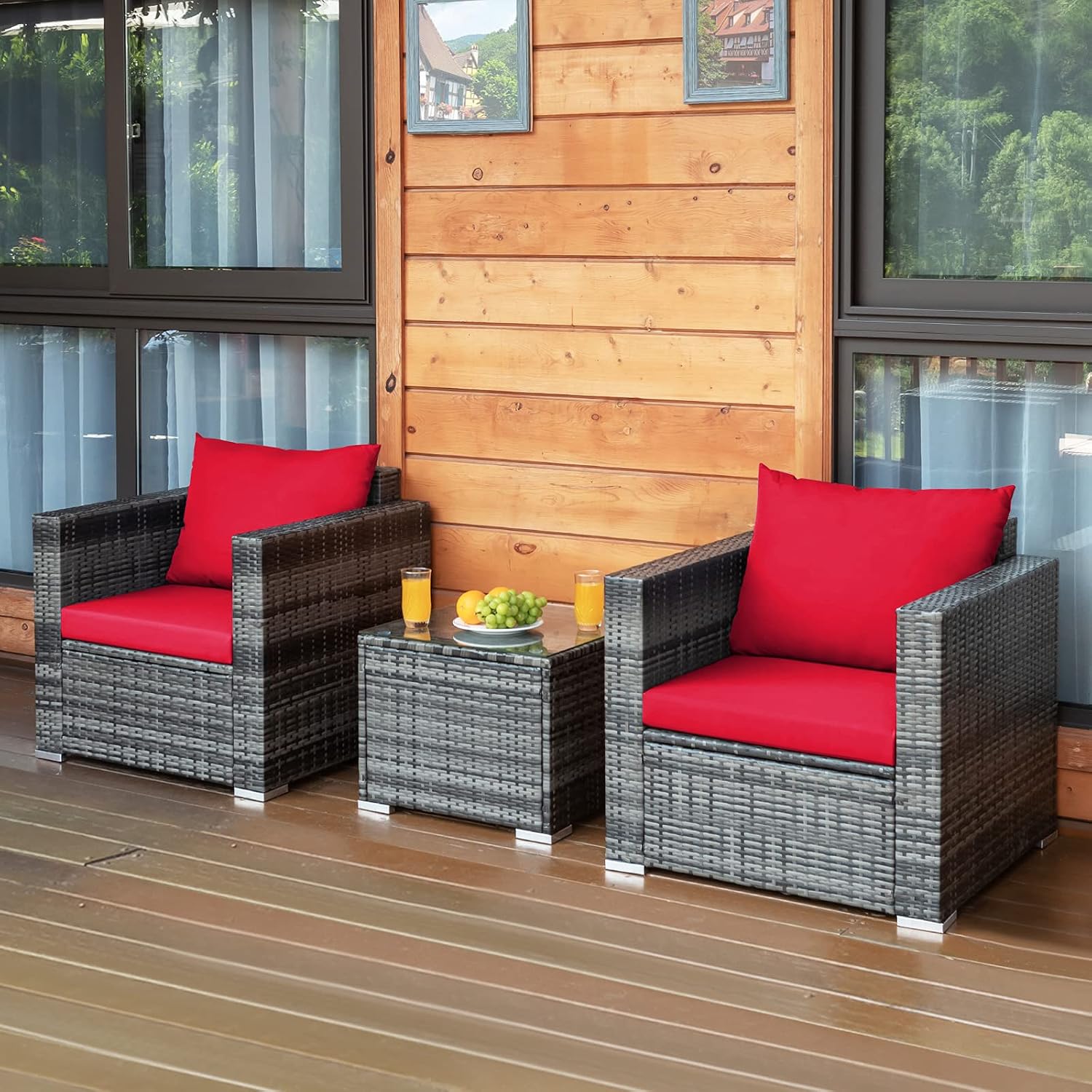 Tangkula 3 Pieces Patio Furniture Set, PE Rattan Wicker Sofa Set w/Washable Cushion and Tempered Glass Tabletop, Outdoor Conversation Furniture for Garden Poolside Backyard