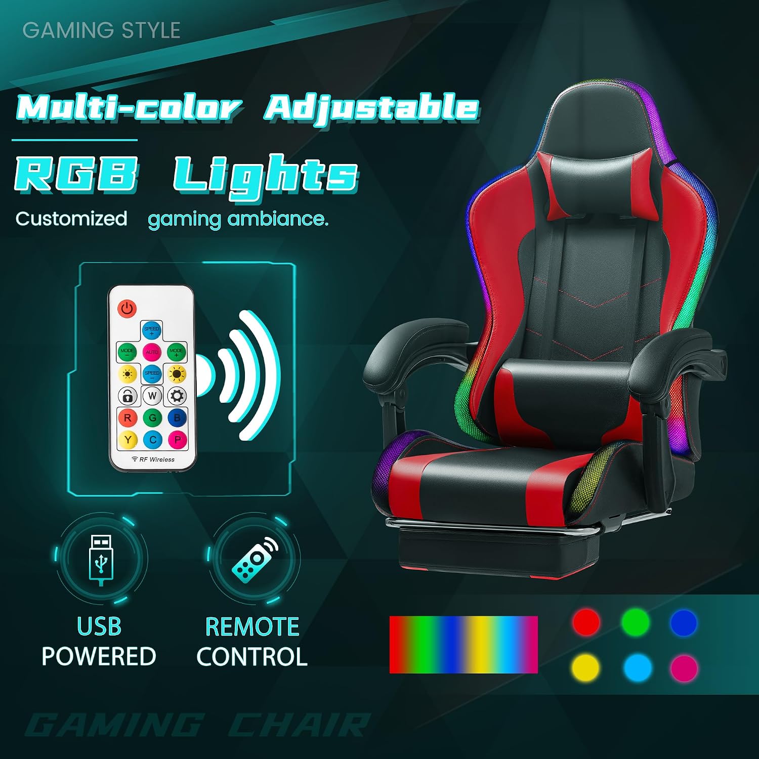 Gaming Chair with RGB, Computer Gaming Chairs with LED Lights and Footrest for Home, Office, Red and Black