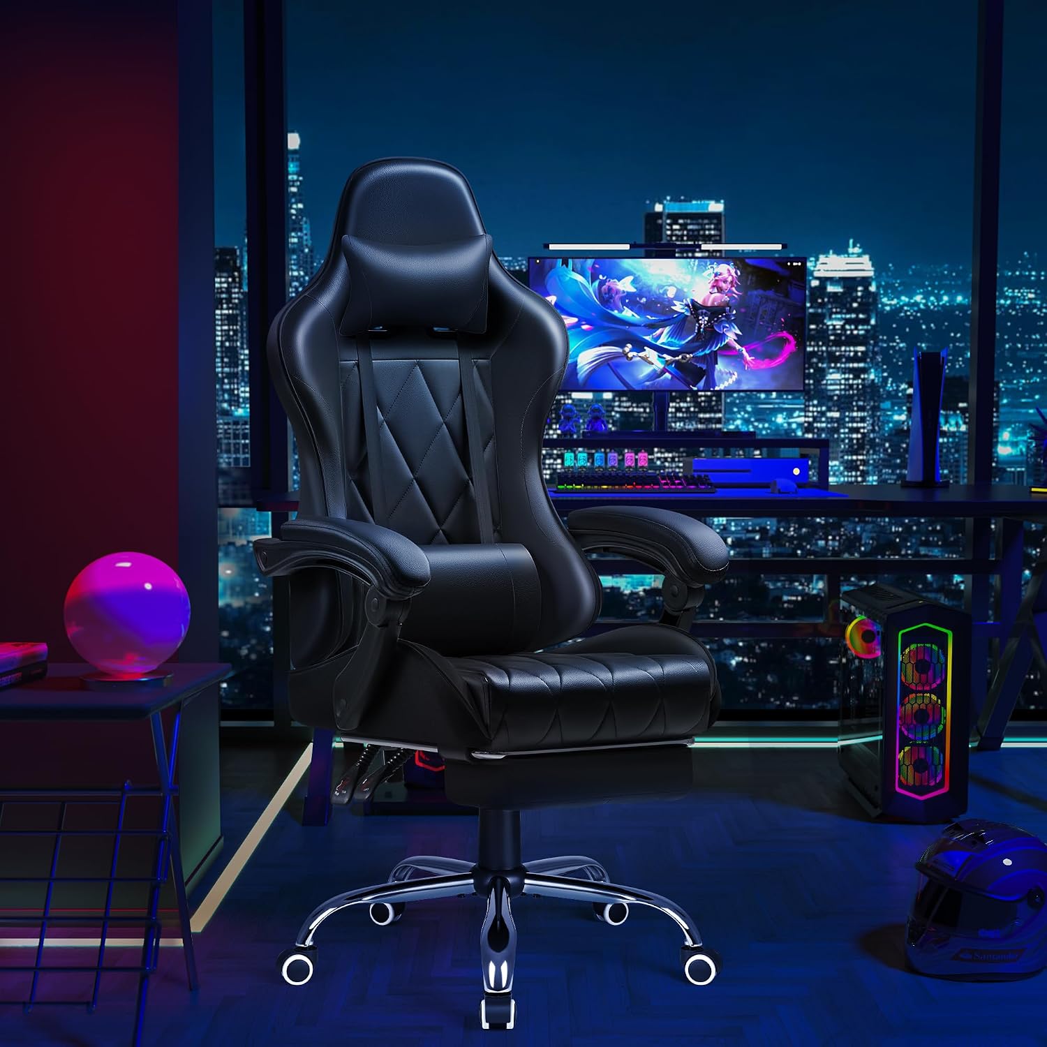 Shahoo Gaming Chair with Footrest and Massage Lumbar Support, Computer Game Chairs Ergonomic Office Seat Height Adjustable with Headrest, Black