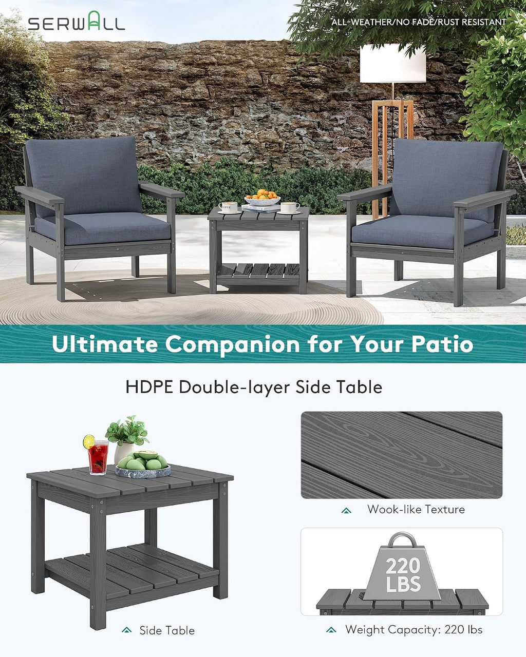 SERWALL HDPE Patio Sofa Set, 3-piece Sectional Outdoor Furniture Set, All Weather Outdoor Couch Set Patio Furniture Set for Deck, Lawn, Grey Frame with Grey Cushion