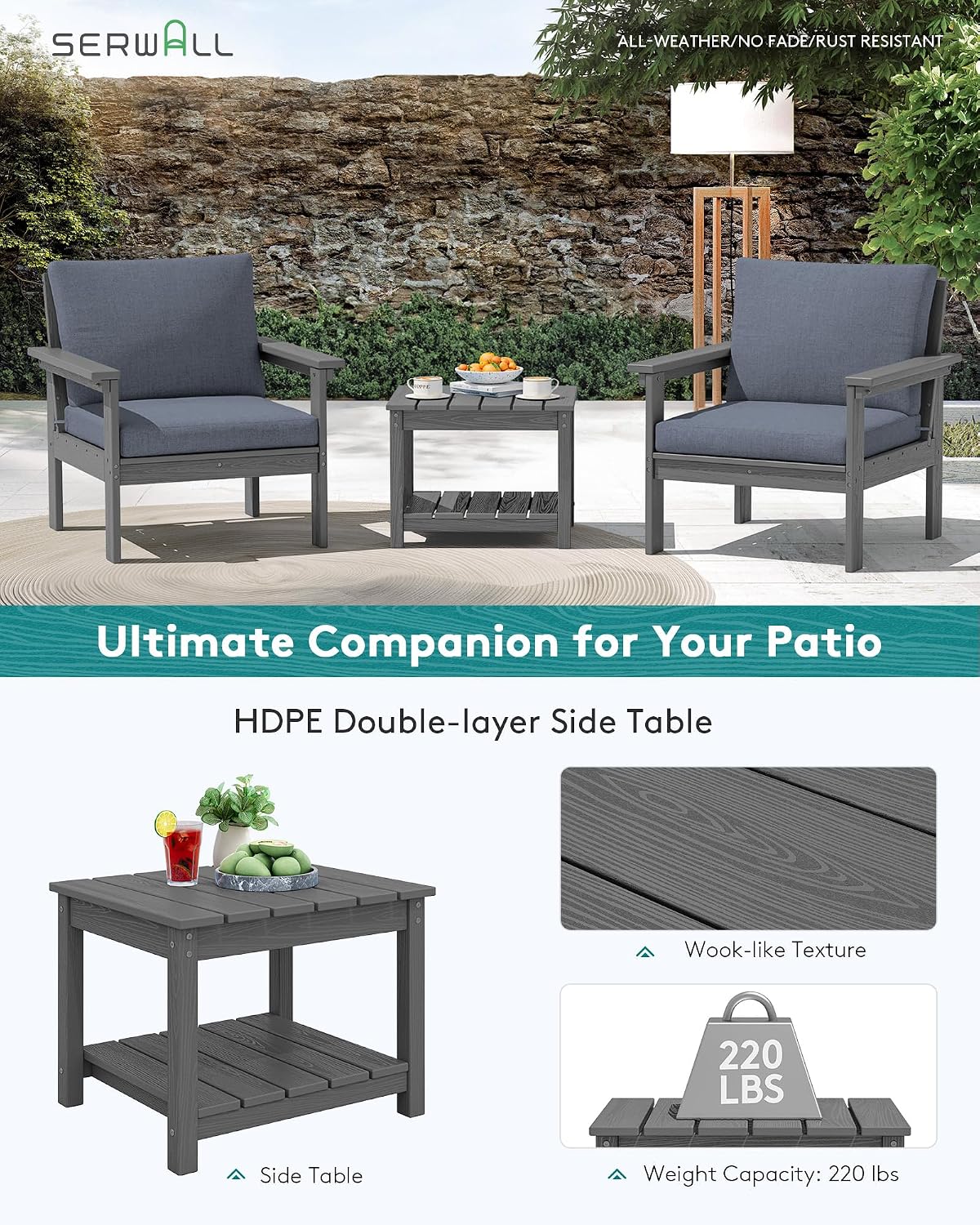 SERWALL HDPE Patio Sofa Set, 3-piece Sectional Outdoor Furniture Set, All Weather Outdoor Couch Set Patio Furniture Set for Deck, Lawn, Grey Frame with Grey Cushion