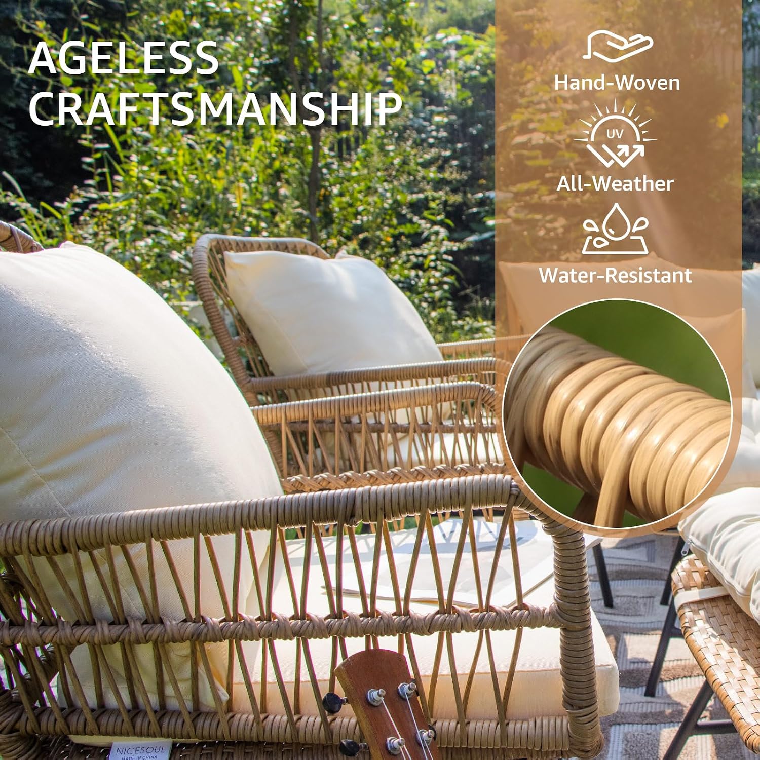 NICESOUL® 6 Pcs Boho Outdoor Patio Furniture Set, High Back L-Shaped Outdoor Couch with Ice Bucket Table, Sturdy Comfy Wicker Sectional Sofa for Garden Balcony Deck Porch or Backyard, Beige