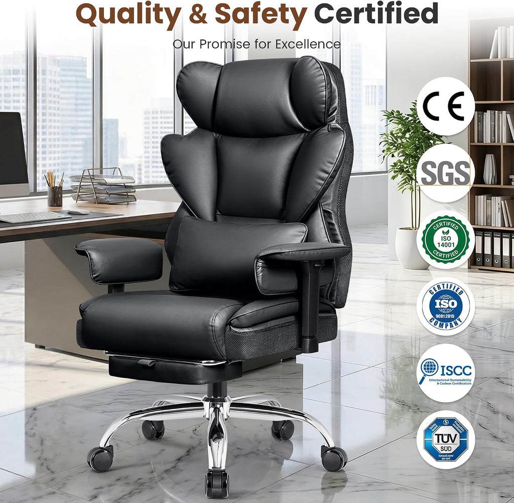BESTFAIR Big and Tall Office Chair - Heavy Duty 400 LBS Executive Chair with Foot Rest, High Back Ergonomic Desk Chair, Padded Wide Seat Gaming Chair, Adjustable Armrests, Black 2 Pack