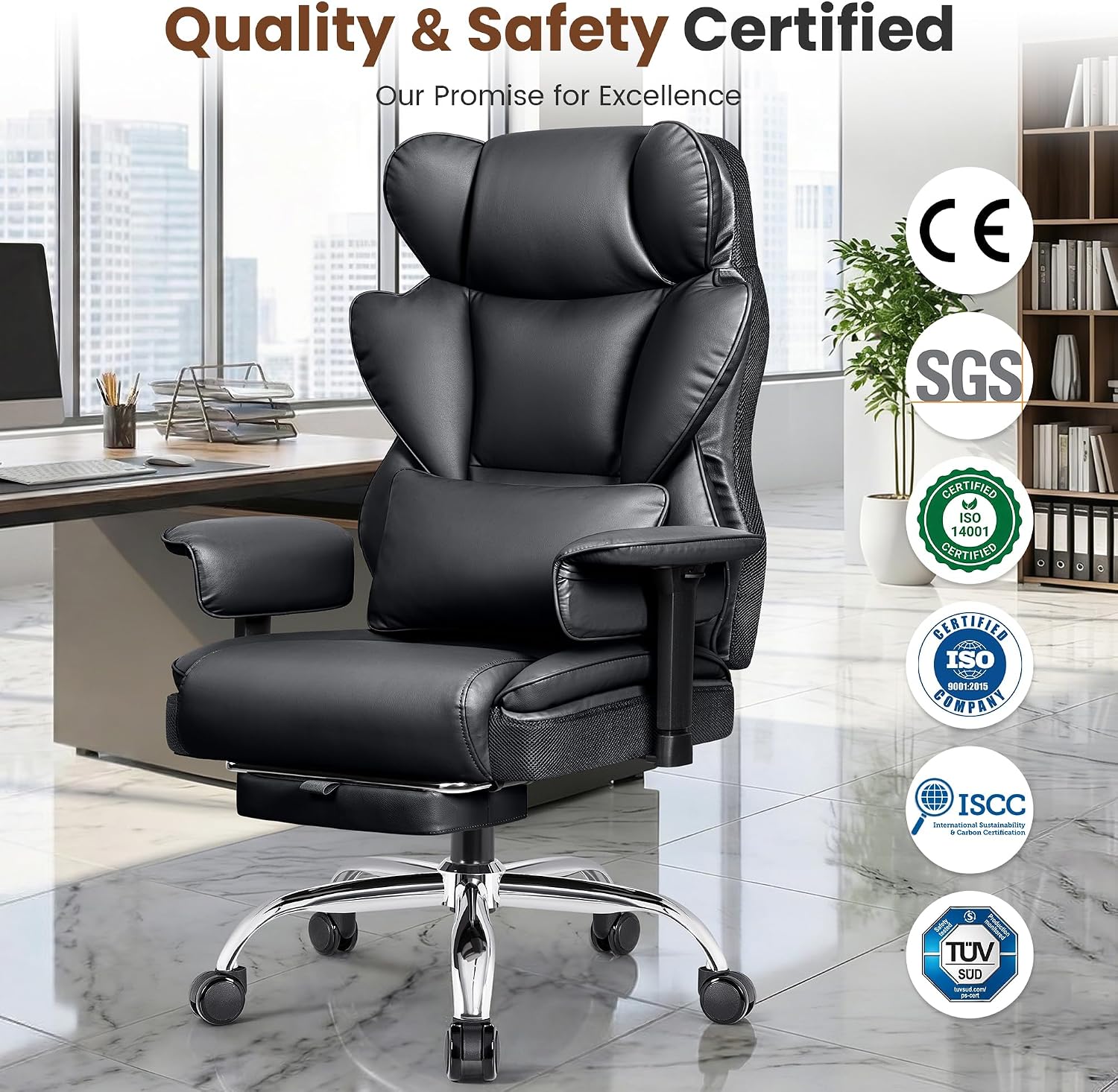 BESTFAIR Big and Tall Office Chair - Heavy Duty 400 LBS Executive Chair with Foot Rest, High Back Ergonomic Desk Chair, Padded Wide Seat Gaming Chair, Adjustable Armrests, Black 2 Pack