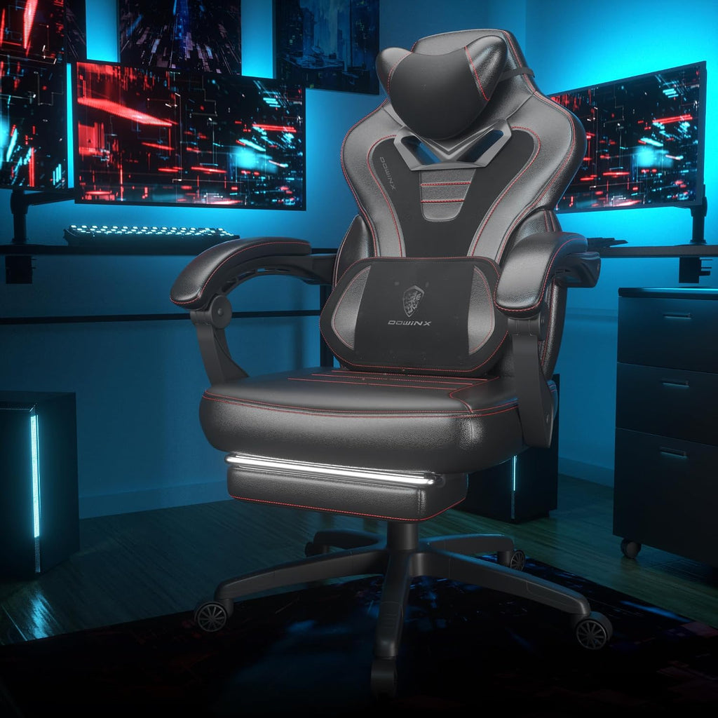 Dowinx Gaming Chair with Footrest, Game Chair for Heavy People, Gamer Chair for Adult with Massage, Computer Gaming Chair with PU, PC Game Chairs for 200lbs (Black)