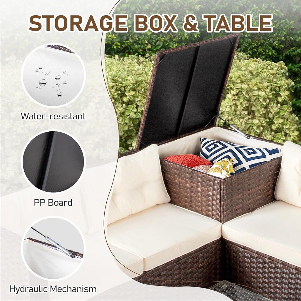 Outvita 4 Piece Outdoor Patio Furniture Set, PE Rattan Conversation Sofa Set, Wicker All-Weather Outside Furniture w/Glass Top Coffee Table with Pet Ped & Hidden Storage for Garden, Balcony (Brown)