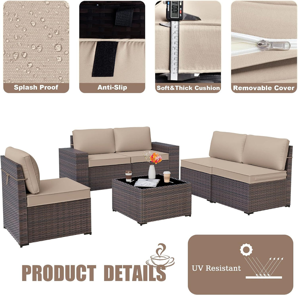 Kurapika 6 Pieces Patio Furniture Set, Rattan Wicker Outdoor Conversation Sets w/4 Inch Cushion and Glass Coffee Table(Sand)
