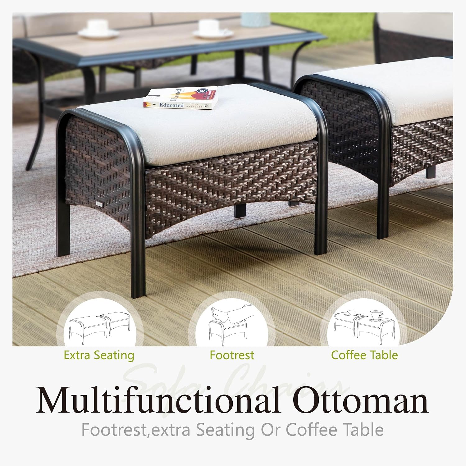 Sophia & William Patio Furniture Set with Fire Pit Table, 6 PCS Metal Outdoor Conversation Set with Fire Pit Table, 2 Sofa Chairs,2 Ottoman, 3-Seater Couch for Outdoor Seating, Backyard, Porch(Beige)