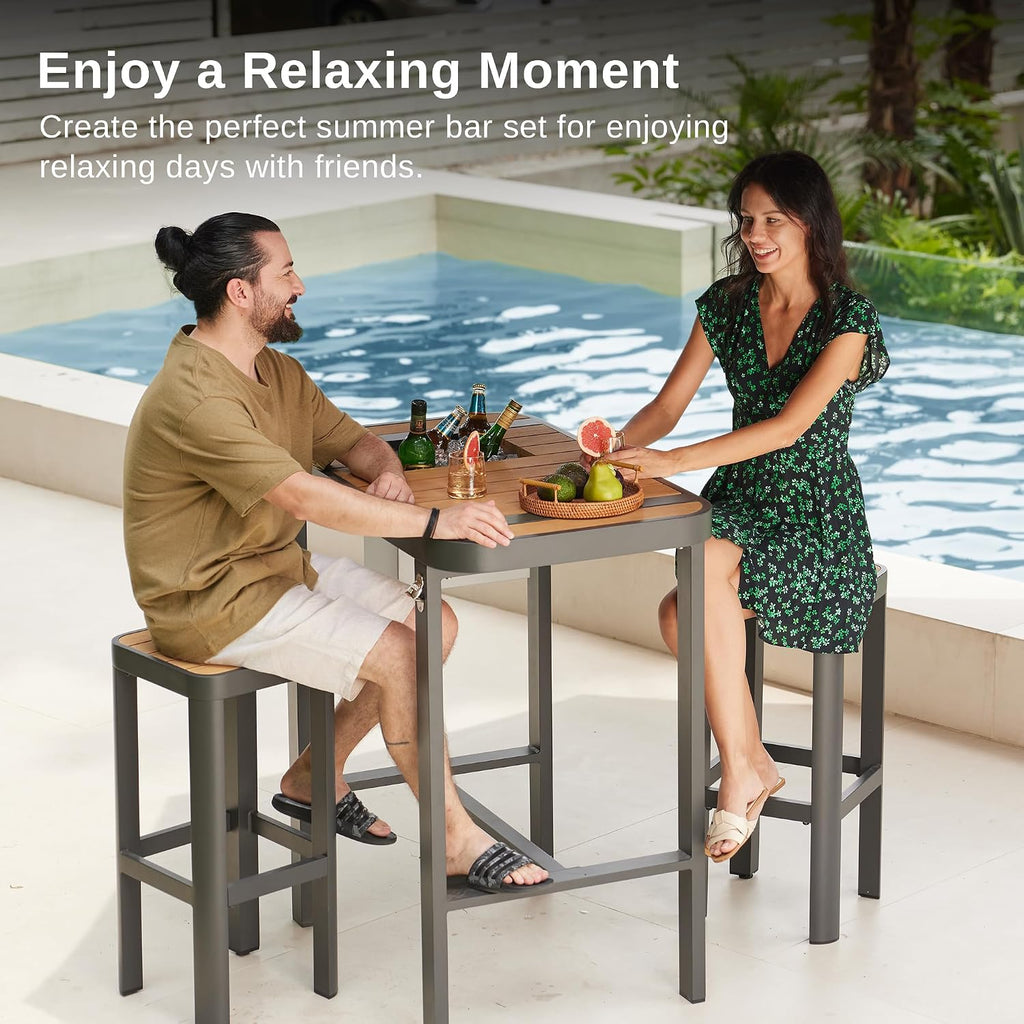 EAST OAK Signature 3-Piece Outdoor Bar Set, Patio Table with Teak Wood and Aluminum, Outdoor Patio Furniture for 2, Outdoor High Top Table and Chairs Set for Backyard, Garden and Pool, Dark Grey