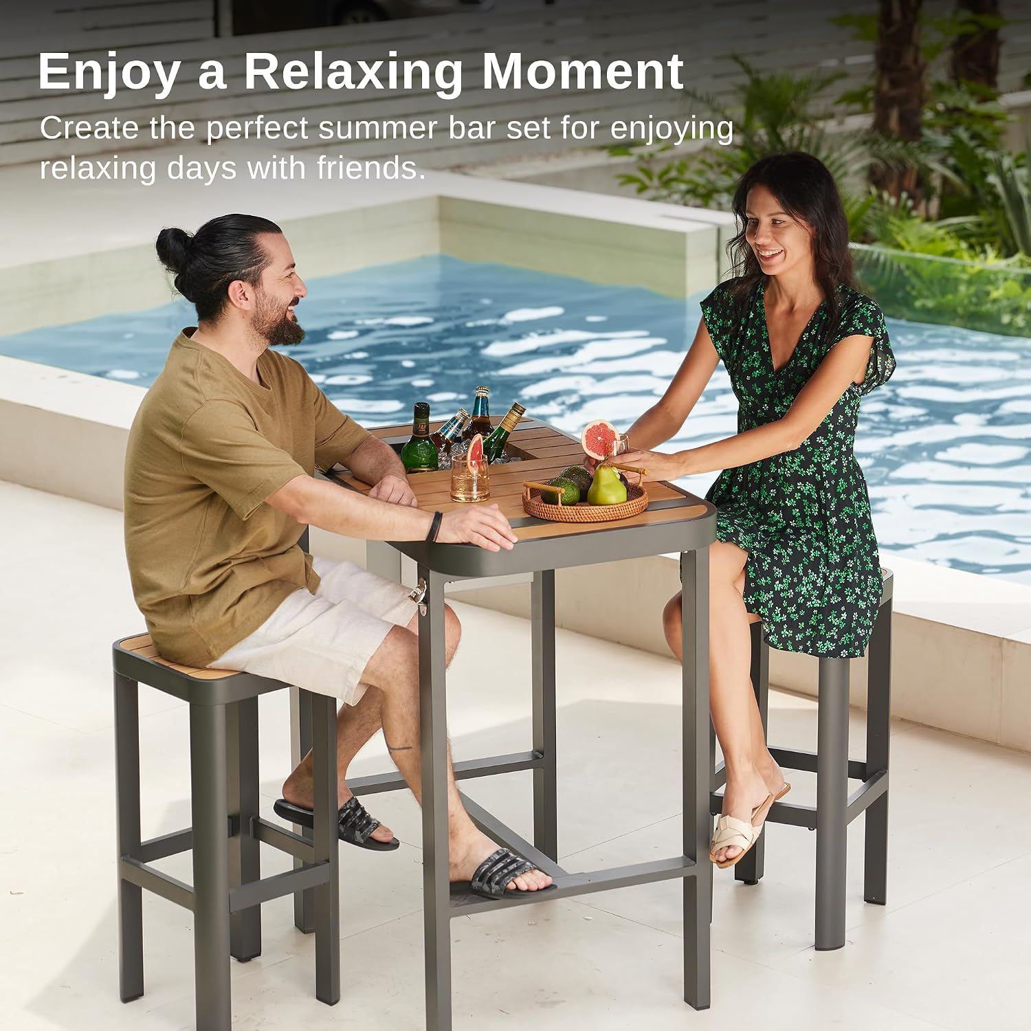 EAST OAK Signature 3-Piece Outdoor Bar Set, Patio Table with Teak Wood and Aluminum, Outdoor Patio Furniture for 2, Outdoor High Top Table and Chairs Set for Backyard, Garden and Pool, Dark Grey