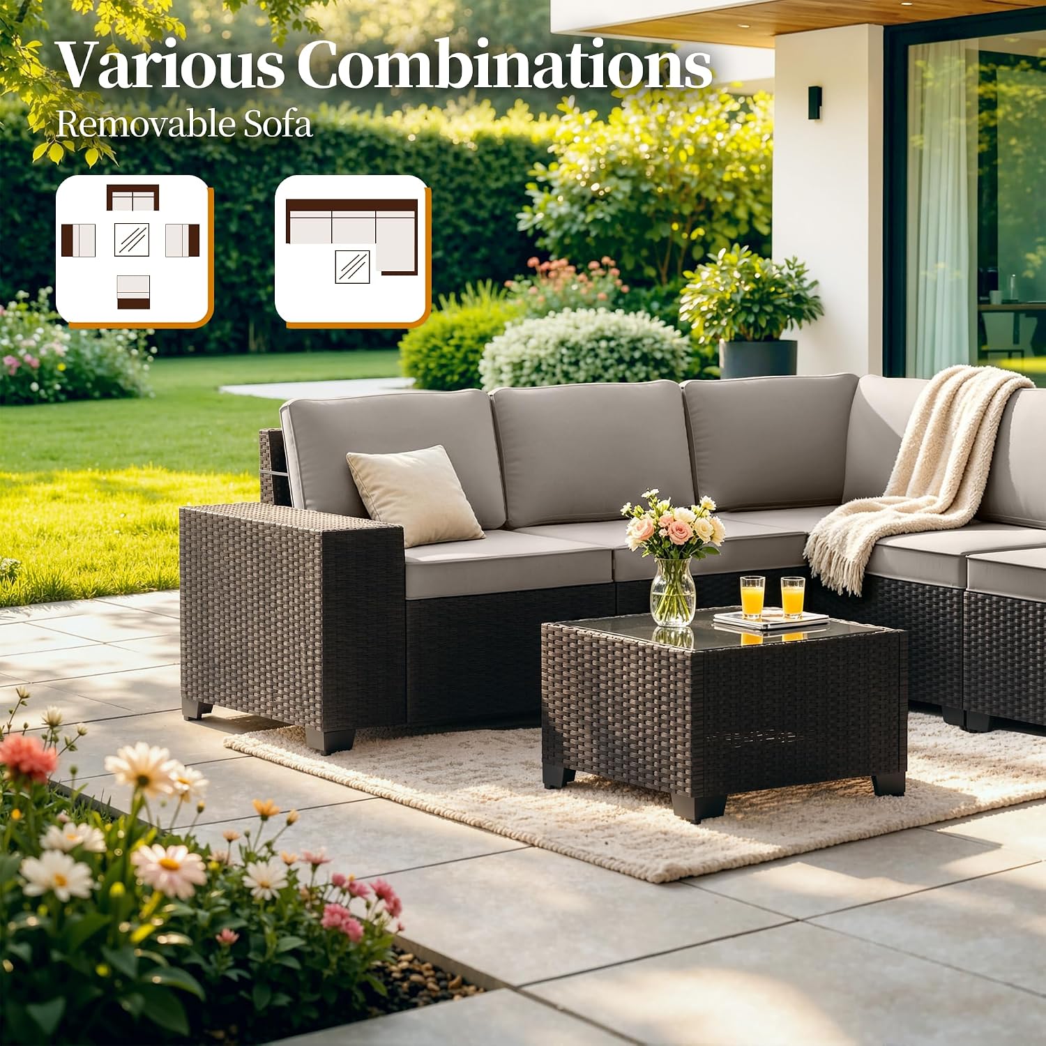 Patio Furniture Set 6 Pieces Outdoor Sectional Sofa Set,PE Rattan Wicker Patio Conversation Set with Thickened Cushions and Glass Coffee Table,Sand