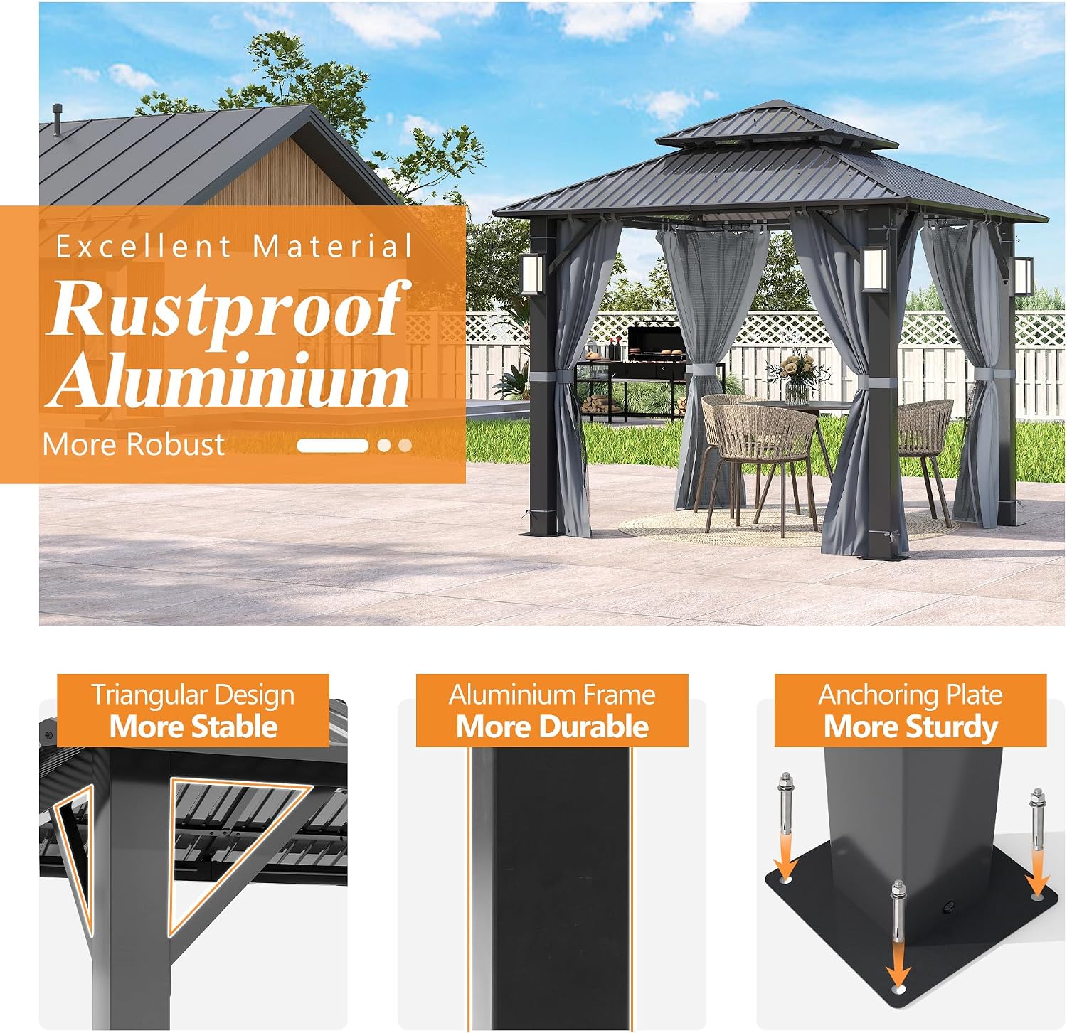 GARTOO 8.5x8.5FT Outdoor Hardtop Gazebo with Double Roof - Aluminum Heavy-Duty Steel Top Gazebo with Solar LED Light, Breathable Netting & Privacy Curtain for Patio, Porch, Garden, Backyard