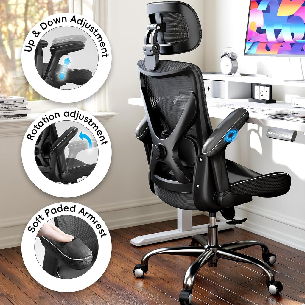 Ergalithic Ergonomic Office Chair-Computer X-Shaped Chair Mesh PU Leather with Adjustable Lumbar Support-Executive Desk Chair High Back with Headrest Flip-Up Arms for Long Hours (Black)