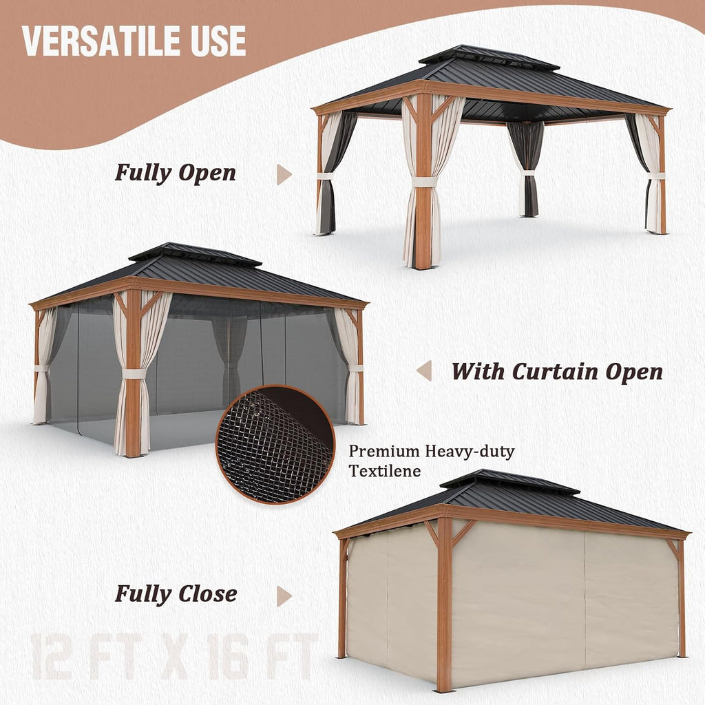 EAGLE PEAK 12x16 Hardtop Gazebo, Galvanized Steel Double Roof with Wood Grain Aluminum Frame, Outdoor Pavilion with Netting and Curtains for Patio, Deck, Lawn and Garden, Woodgrain/Black