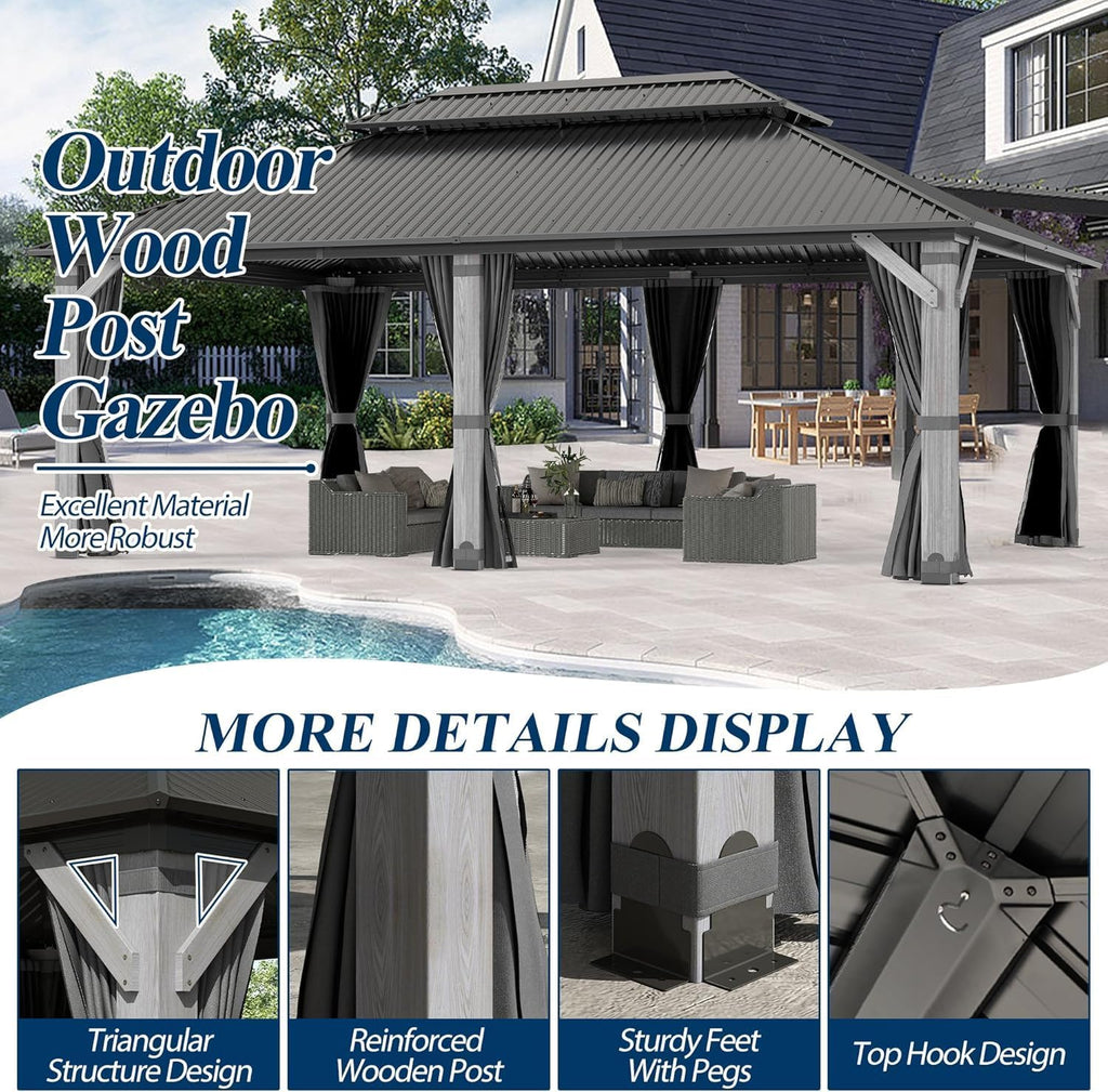 COVERONICS 12'x20' Outdoor Wood Gazebo - Hardtop Wooden Gazebo with Galvanized Steel Roof, Heavy-Duty Pavilion with Netting & Curtains for Garden, Poolside, Deck, Backyard