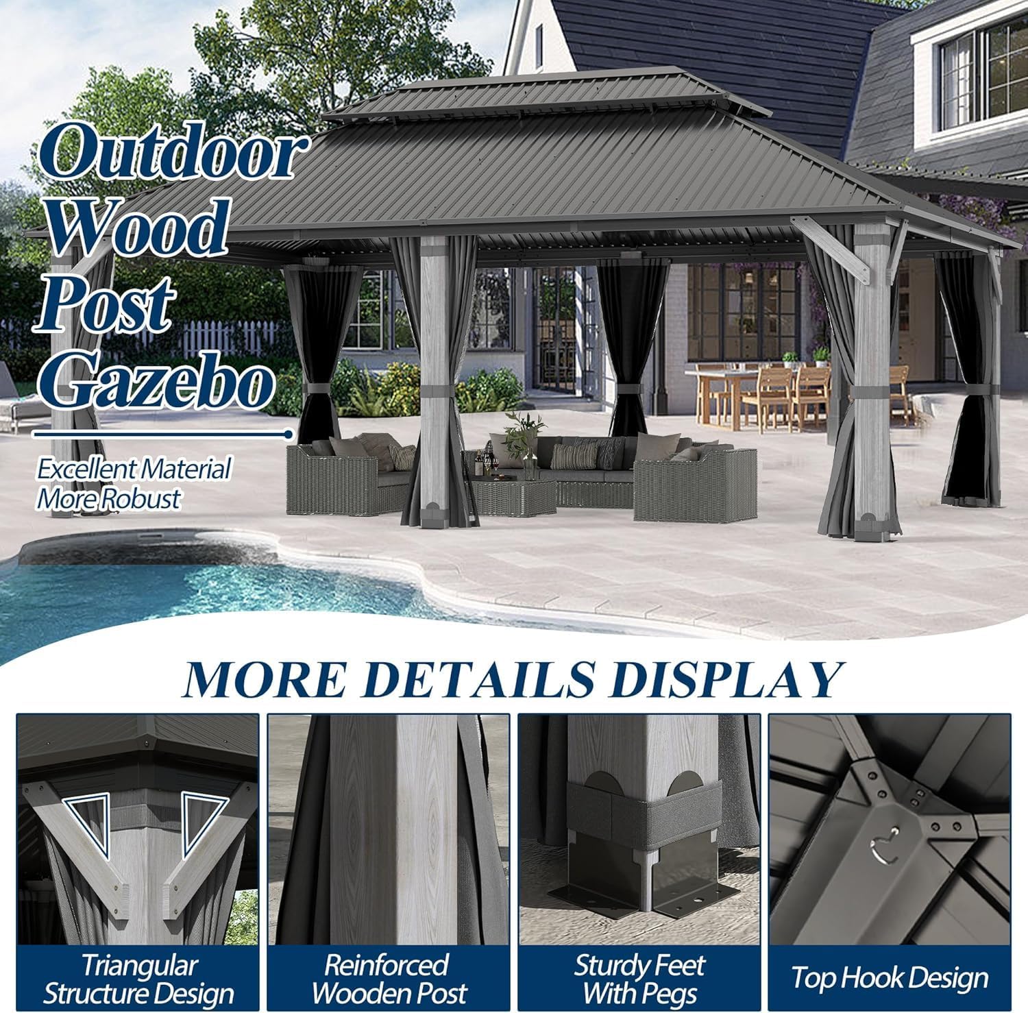 COVERONICS 12'x20' Outdoor Wood Gazebo - Hardtop Wooden Gazebo with Galvanized Steel Roof, Heavy-Duty Pavilion with Netting & Curtains for Garden, Poolside, Deck, Backyard