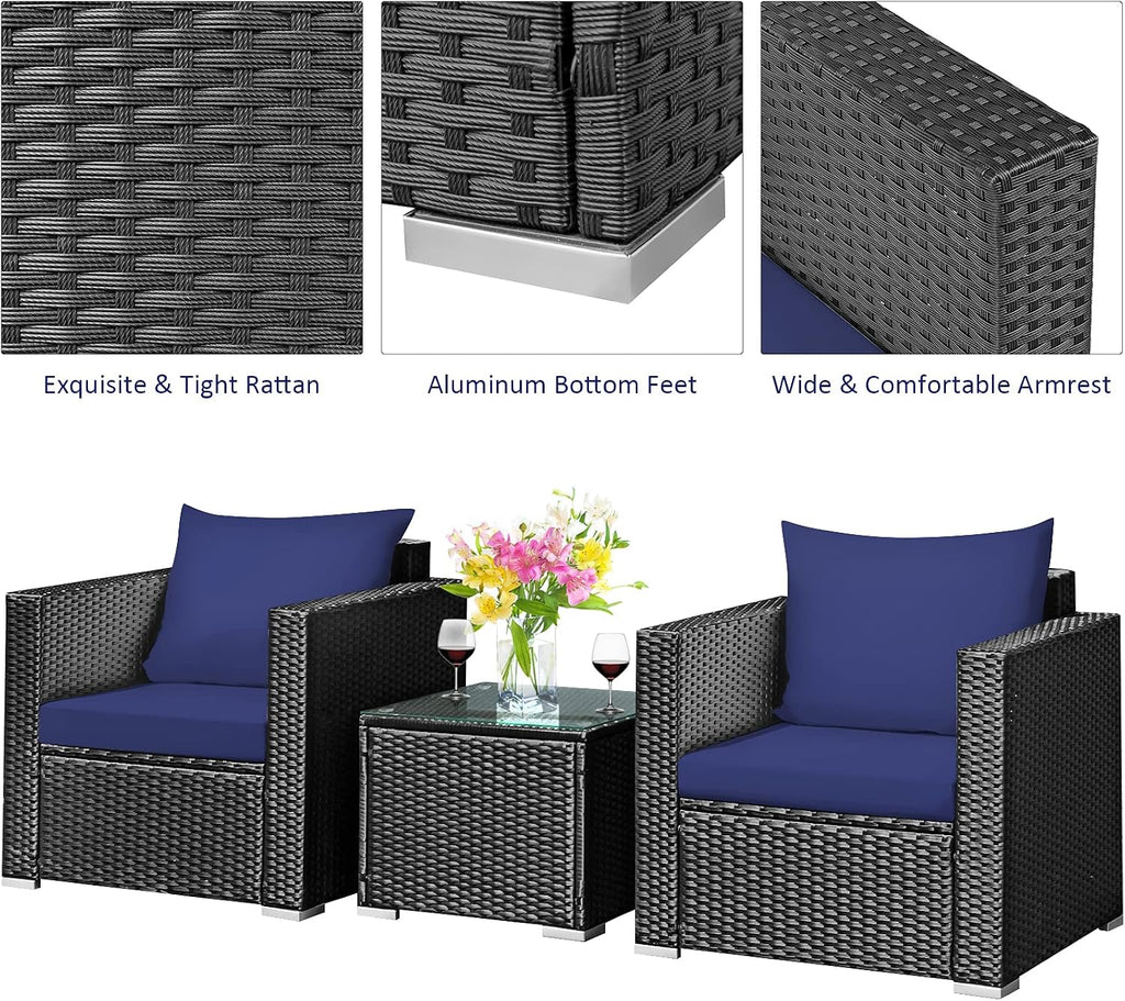 COSTWAY 3-Piece Outdoor Patio Furniture Set, Cushioned Armchairs and Tempered Glass Coffee Table, Wicker Rattan Sofa Set for Garden, Balcony, Backyard (Navy)