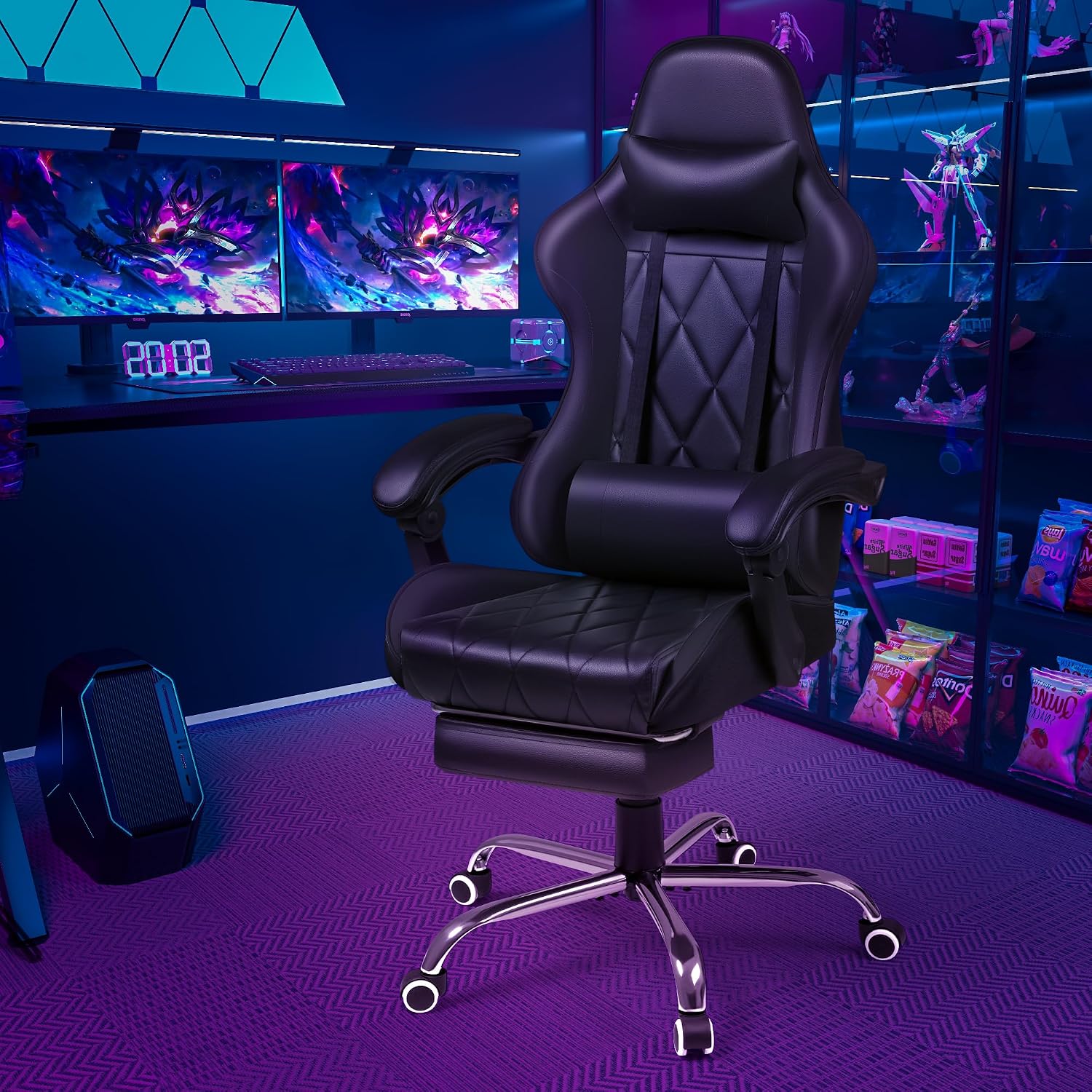 Shahoo Gaming Chair with Footrest and Massage Lumbar Support, Computer Game Chairs Ergonomic Office Seat Height Adjustable with Headrest, Black