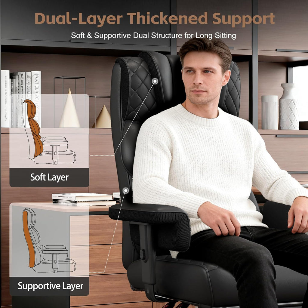 Vonesse Big and Tall Office Chair, Desk Chair with Soft Adjustable Armrests, Ergonomic High Back Gaming Chair with Lumbar Support, Executive Computer Chairs with Footrest (PU Leather, Black)