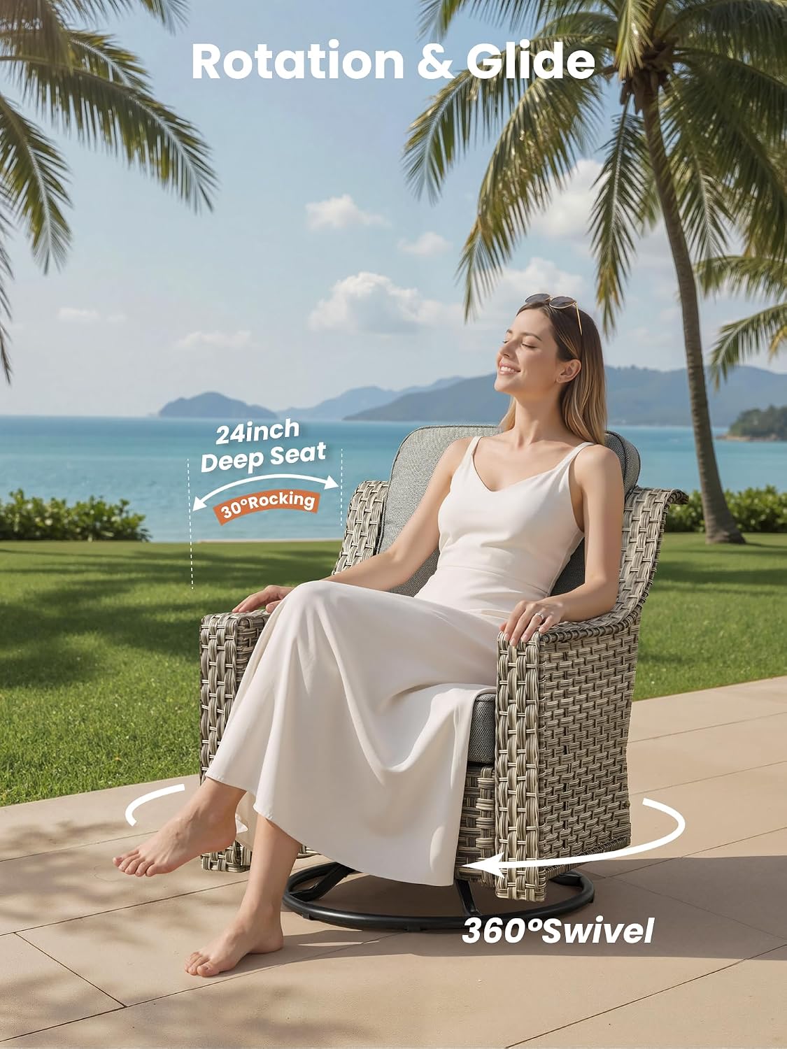 ovios 5 Piece Outdoor Patio Furniture with 3 Seat Sofa,Rattan Wicker Coversation Set with Swivel Rocking Chair,Balcony Sofa Set with Shiny Table for Outside Porch Backyard Pool, Dark Grey