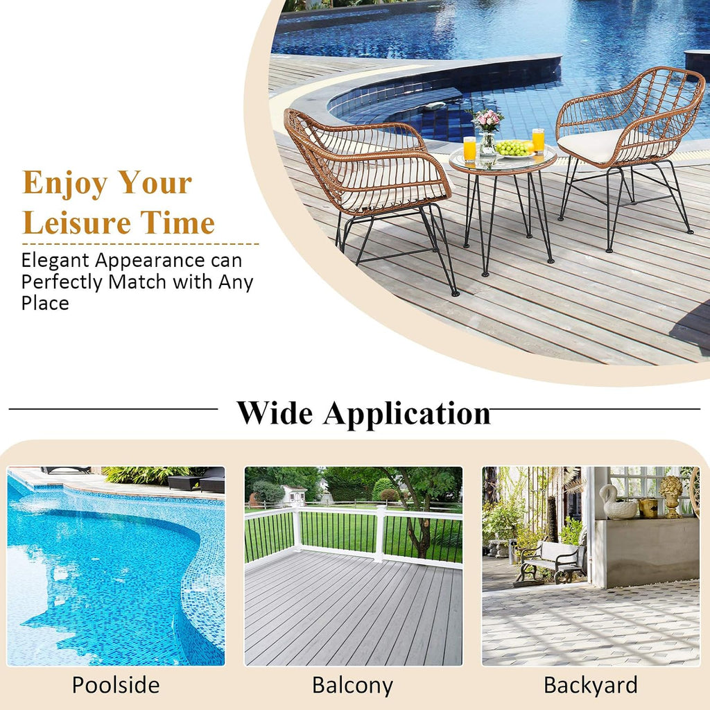 Tangkula 3 Pieces Patio Conversation Bistro Set, Outdoor Wicker Furniture w/Round Tempered Glass Top Table & 2 Rattan Armchairs, Bistro Chat Set w/Seat Cushions for Porch, Backyard, Garden