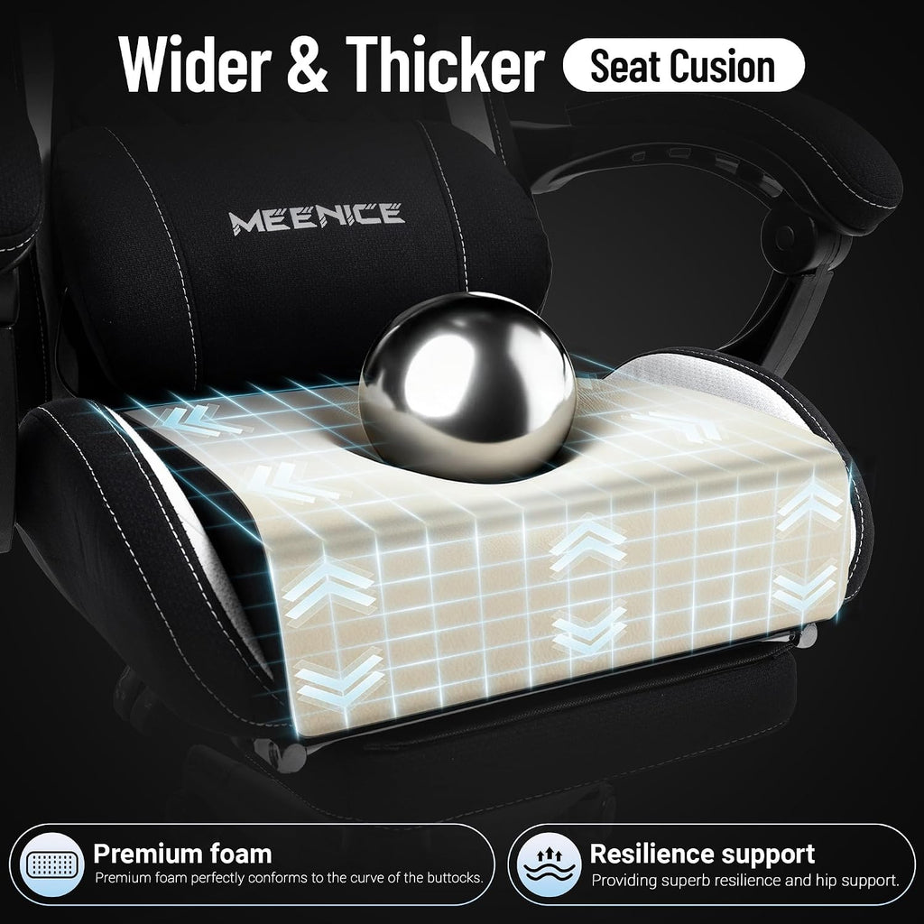 Big and Tall Gaming Chair Fabric with Pocket Spring Cushion, High Back Heavy Duty Gaming Chairs for Adults with Massage Lumbar Support, Ergonomic Computer Chair with Footrest for 400LBS Black