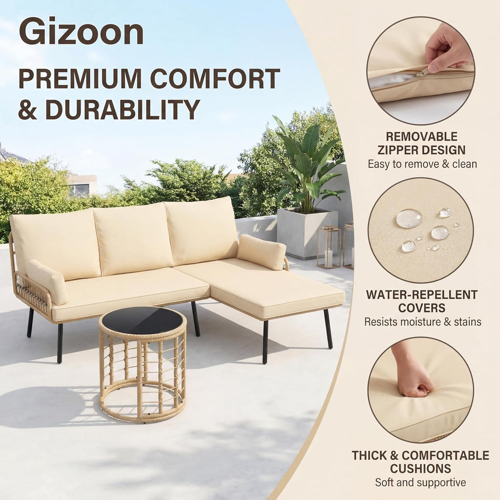 Gizoon 3-Piece Outdoor Patio Furniture Set, All-Weather PE Wicker L-Shaped Conversation Sofa with Thick Cushions & Glass Table, for Backyard, Porch, Balcony, Poolside (Beige)