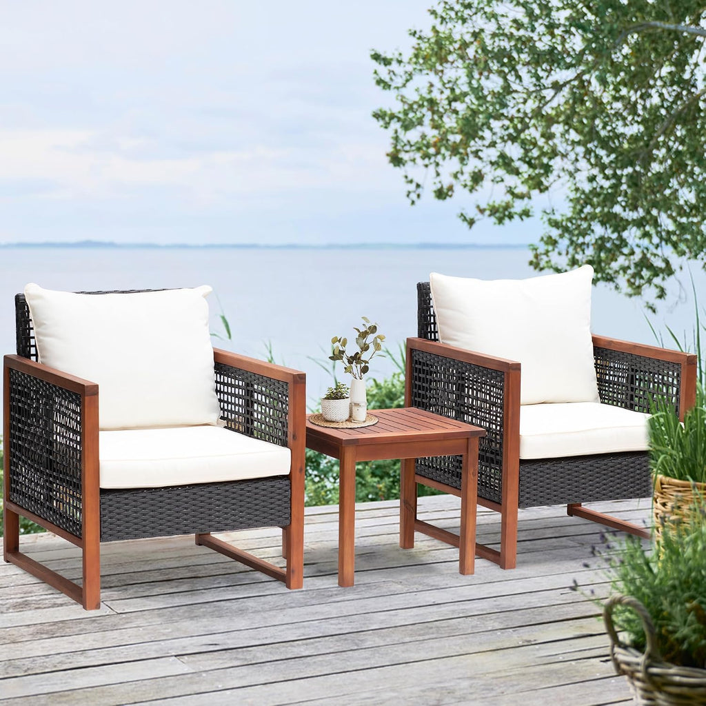 PayLessHere 3-Piece Outdoor Patio Furniture Set Modern Rattan Bistro Conversation Set with Acacia Wood Frame, Coffee Table, and Water-Resistant Cushions for Balcony, Garden, or Backyard (Khaki)