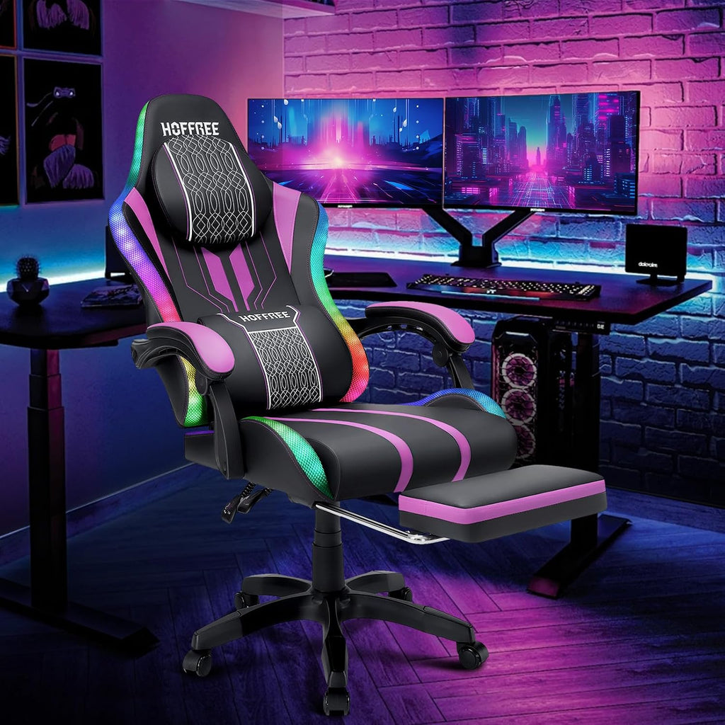 HOFFREE Led Gaming Chair Massage with Speakers Big and Tall Video Game Chair with Footrest for 400lbs Reclining High Back Computer Desk Chair Purple and Black