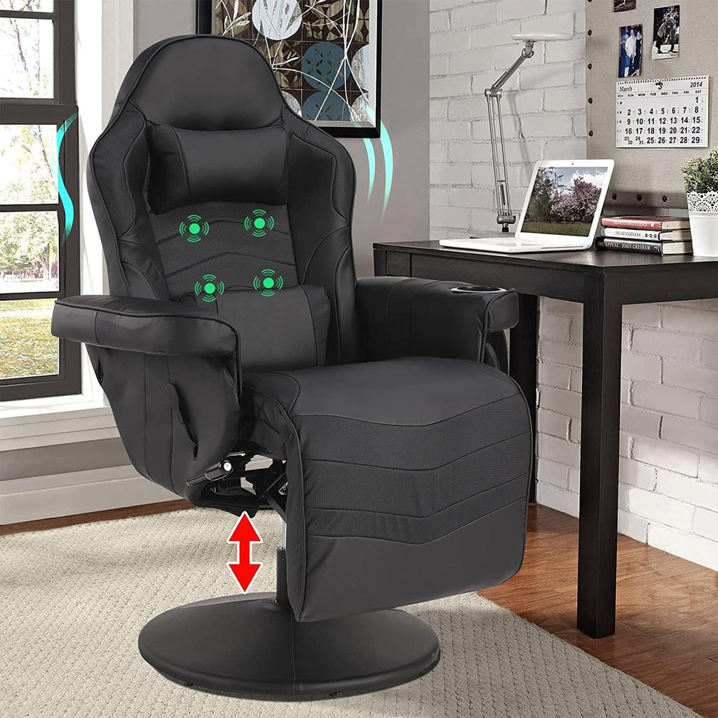 LVUYOYO Reclining Gaming Chair, Gaming Chair with Footrest and Massage, High Back PU Leather Gaming Recliner w/Adjustable Height, Swivel Game Chair with Lumbar Support, Cup Holder, Headrest