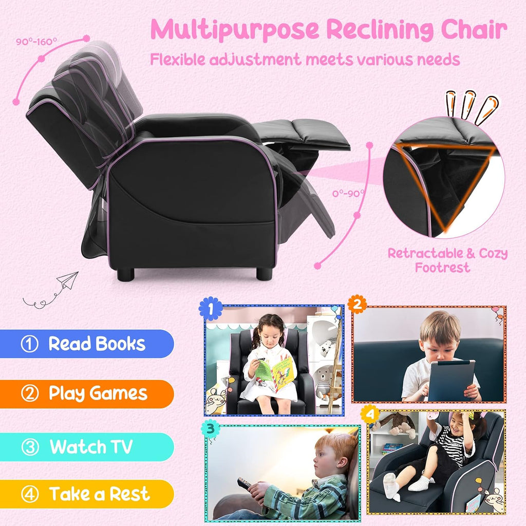 Costzon Kids Recliner, Gaming Recliner Chair w/Side Pockets, Footrest, Headrest & Lumbar Support for Kids Room & Play Room, Adjustable Racing Style Leather Sofa for Children Boys Girls (Pink, Black)
