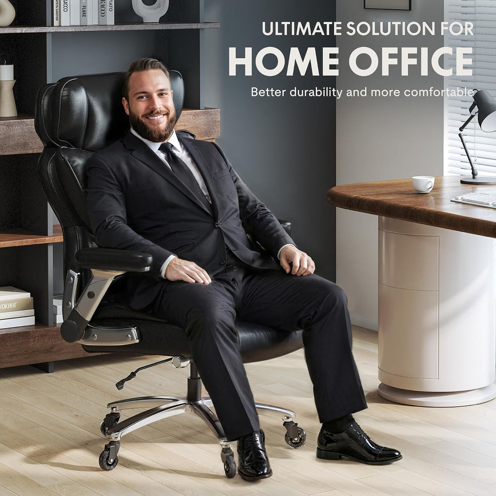 FLEXISPOT 600lbs Big and Tall Office Chair for Heavy People, Heavy Duty Computer Desk Chair with Dynamic Lumbar Support 2D Armrest Blade Wheels, Chairs for Home Office Gaming Working, Leather, Black