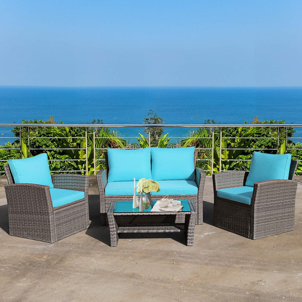 COSTWAY 4 Pieces Patio Rattan Furniture Set, Outdoor Wicker Sofa Set with Tempered Glass Coffee Table, Cushions, All Weather Rattan Conversation Set for Yard Balcony Backyard Pool (Turquoise)