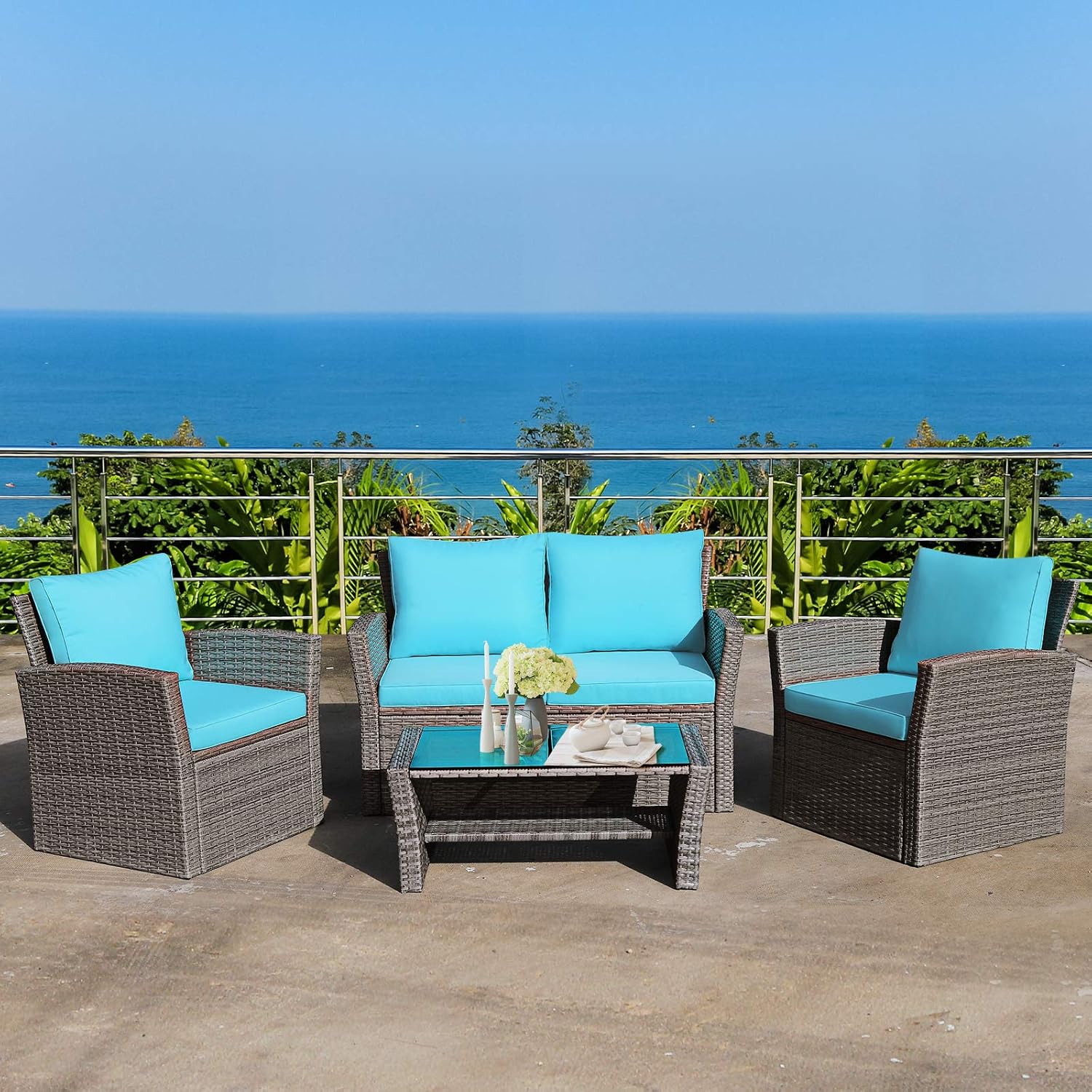 COSTWAY 4 Pieces Patio Rattan Furniture Set, Outdoor Wicker Sofa Set with Tempered Glass Coffee Table, Cushions, All Weather Rattan Conversation Set for Yard Balcony Backyard Pool (Turquoise)