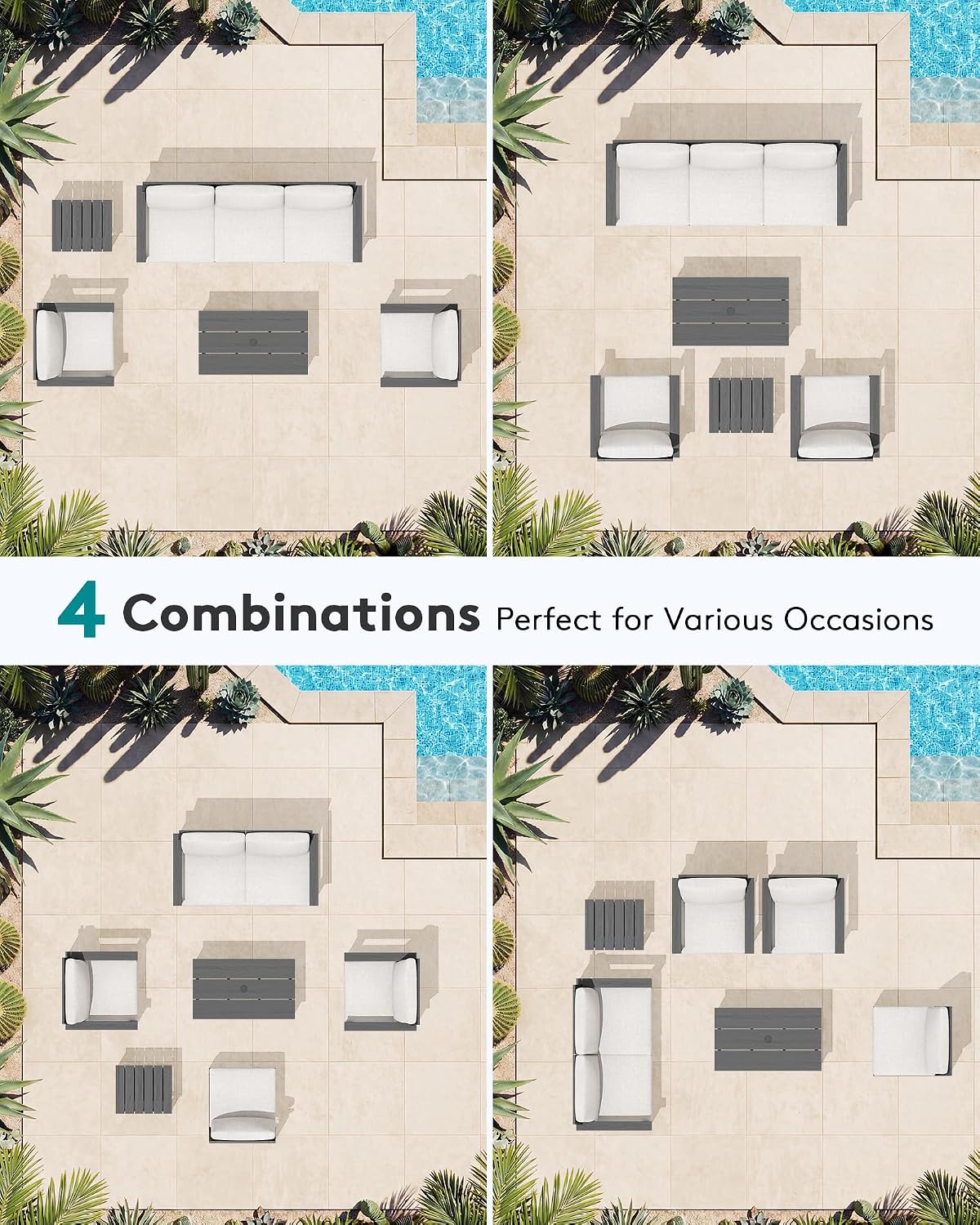 SERWALL HDPE Patio Furniture Set, 7-piece Outdoor Sectional Sofa Set, All Weather Outdoor Couch Set for Deck, Lawn, Grey Frame with Khaki Cushion