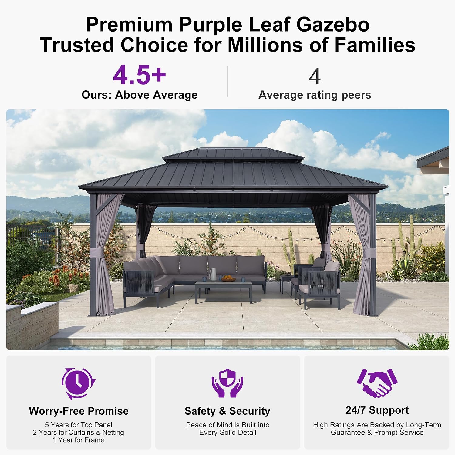 PURPLE LEAF 12' X 16' Permanent Hardtop Gazebo Outdoor Aluminum Gazebo with Heavy Duty Galvanized Steel Double Roof for Patio Lawn Garden Aluminum with Netting and Curtains Grey