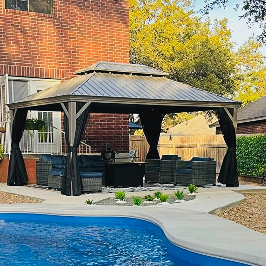 PURPLE LEAF 12' X 16' Hardtop Aluminum Gazebo with Netting and Curtains Heavy Duty Permanent Gazebo with Double Metal Roof for Patio Deck Lawn Garden All Weather Outdoor Pavilion Gazebos, Light Grey