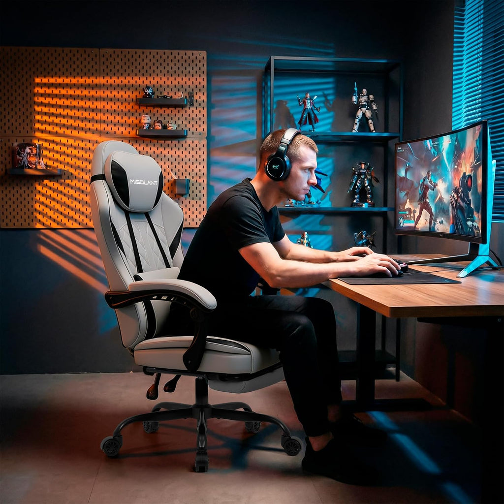 Misolant Gaming Chair, Fabric Gamer Chair with footrest for Adults, High Back Ergonomic Computer Game Chair with Adjustable Headrest and Massage Lumbar Support, 90-155° Recline Free, Gray
