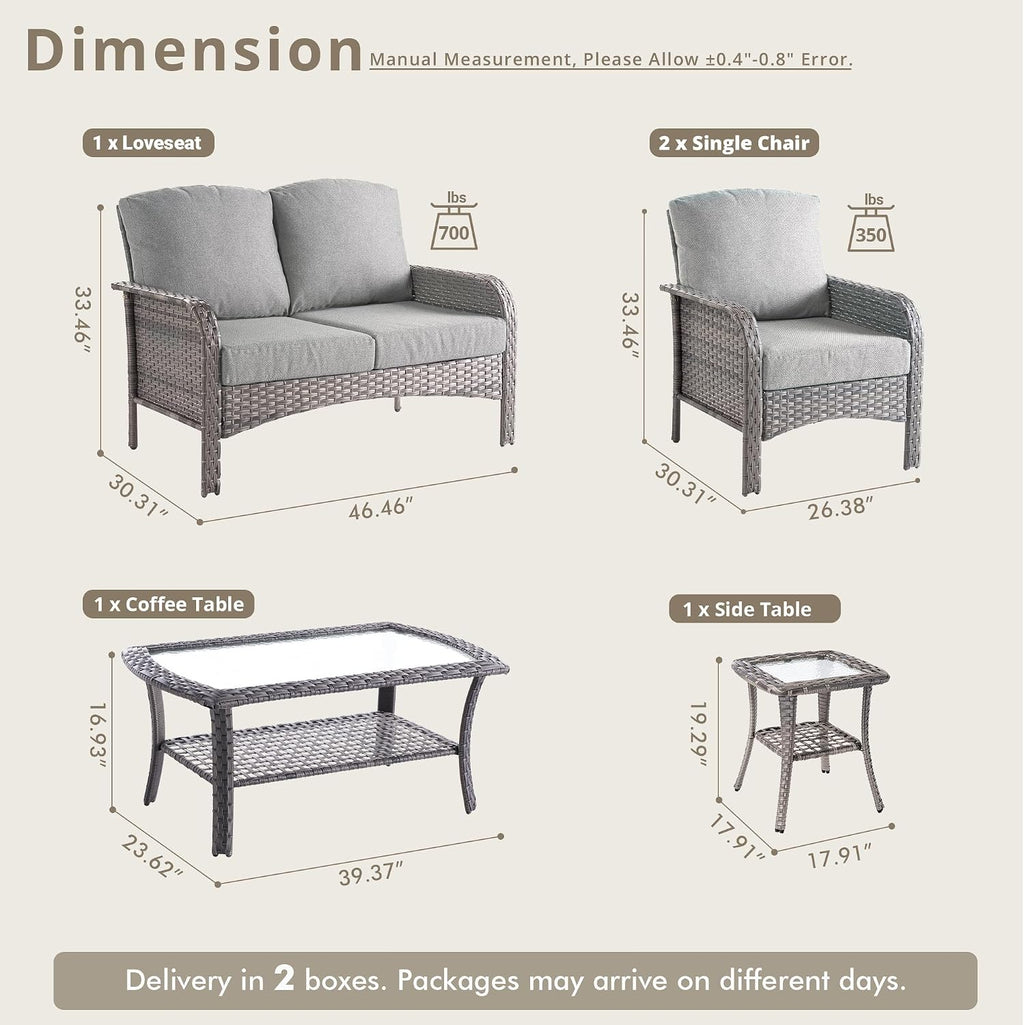 Wicker Patio Furniture Set High Back Loveseat Sofa Couch Armchair Coffee Table, All Weather Rattan 4 Pieces Outdoor Conversation Sets for Patio Porch Deck Backyard Poolside, Dark Gray