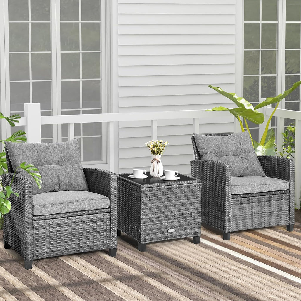 COSTWAY 3-Piece Patio Furniture Set, Outdoor Wicker Rattan Sofa with Cushions, Coffee Table with Tempered Glass, Conversation Sofa Set for Poolside Backyard Balcony (Grey)