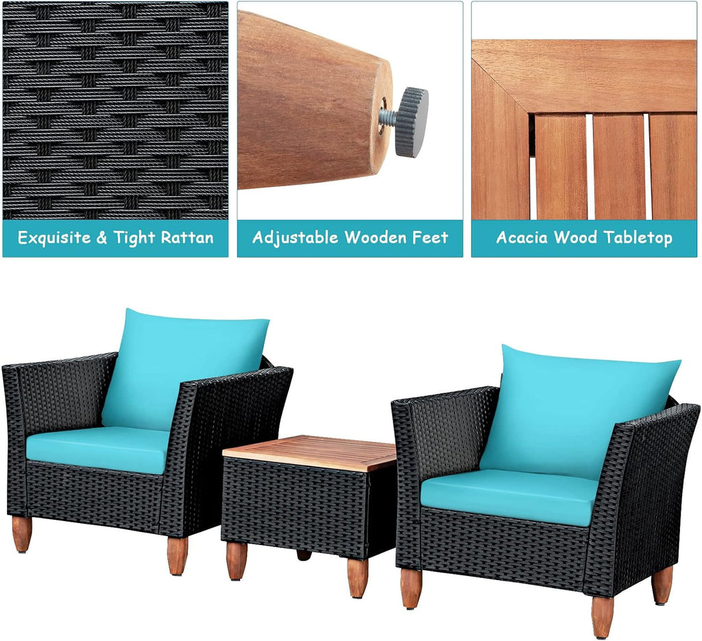 Tangkula 3 Piece Patio Furniture Set, Patiojoy Outdoor Wicker Rattan Bistro Sofa Set w/Washable Cushion, Acacia Wood Top Coffee Table, Conversation Set w/Adjustable Feet for Balcony Backyard Porch