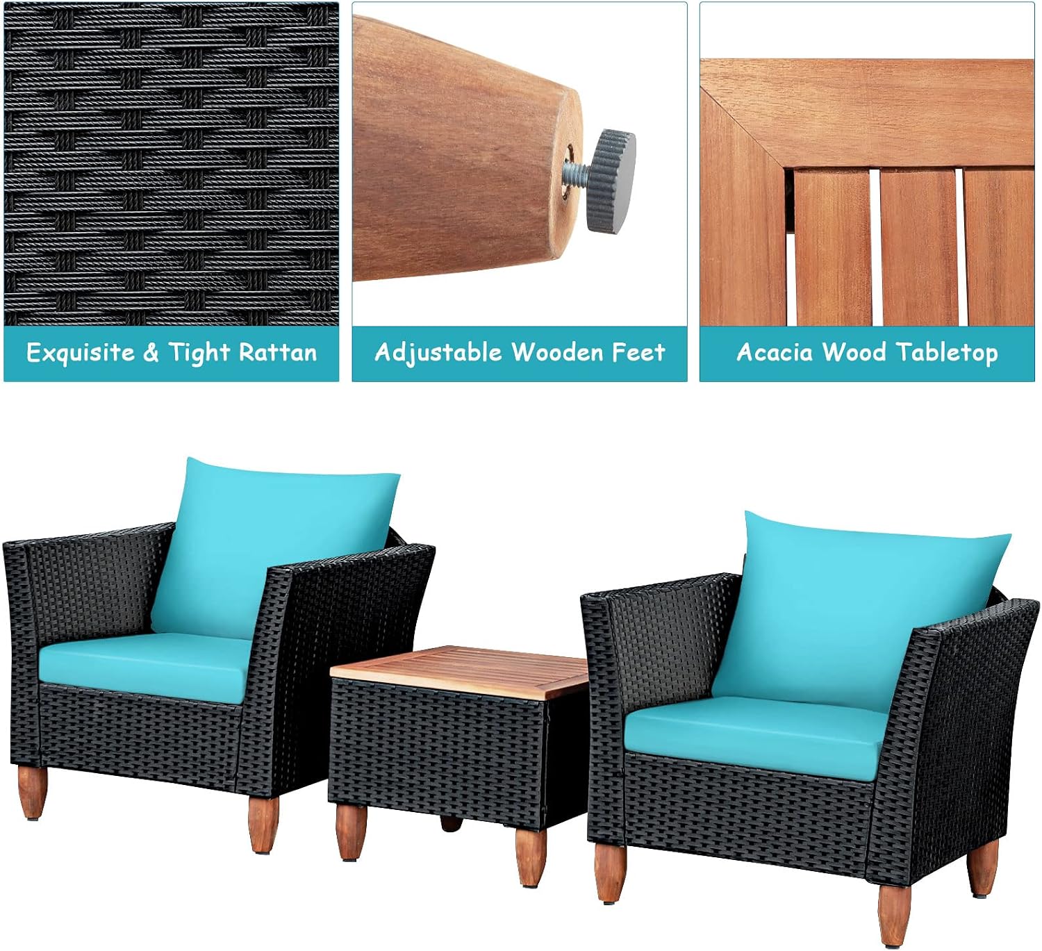 Tangkula 3 Piece Patio Furniture Set, Patiojoy Outdoor Wicker Rattan Bistro Sofa Set w/Washable Cushion, Acacia Wood Top Coffee Table, Conversation Set w/Adjustable Feet for Balcony Backyard Porch