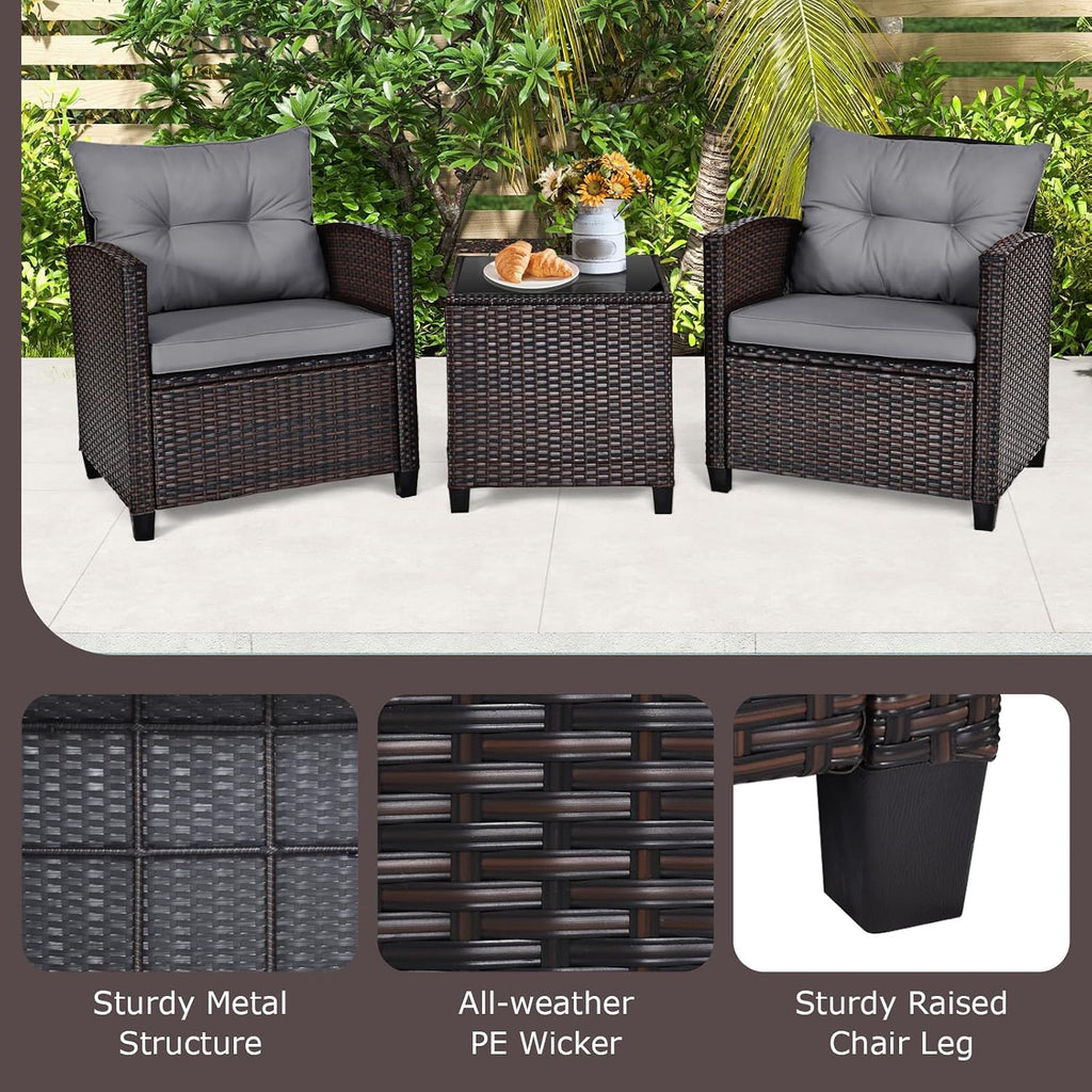 ORALNER 3 Pieces Patio Furniture Set, Outdoor Wicker Conversation Set Rattan Chairs with Cushions, Glass Coffee Table, Bistro Set for Front Porch Balcony Garden Deck Poolside (Grey)