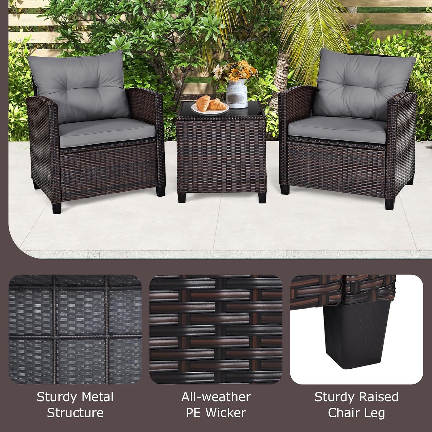 ORALNER 3 Pieces Patio Furniture Set, Outdoor Wicker Conversation Set Rattan Chairs with Cushions, Glass Coffee Table, Bistro Set for Front Porch Balcony Garden Deck Poolside (Grey)