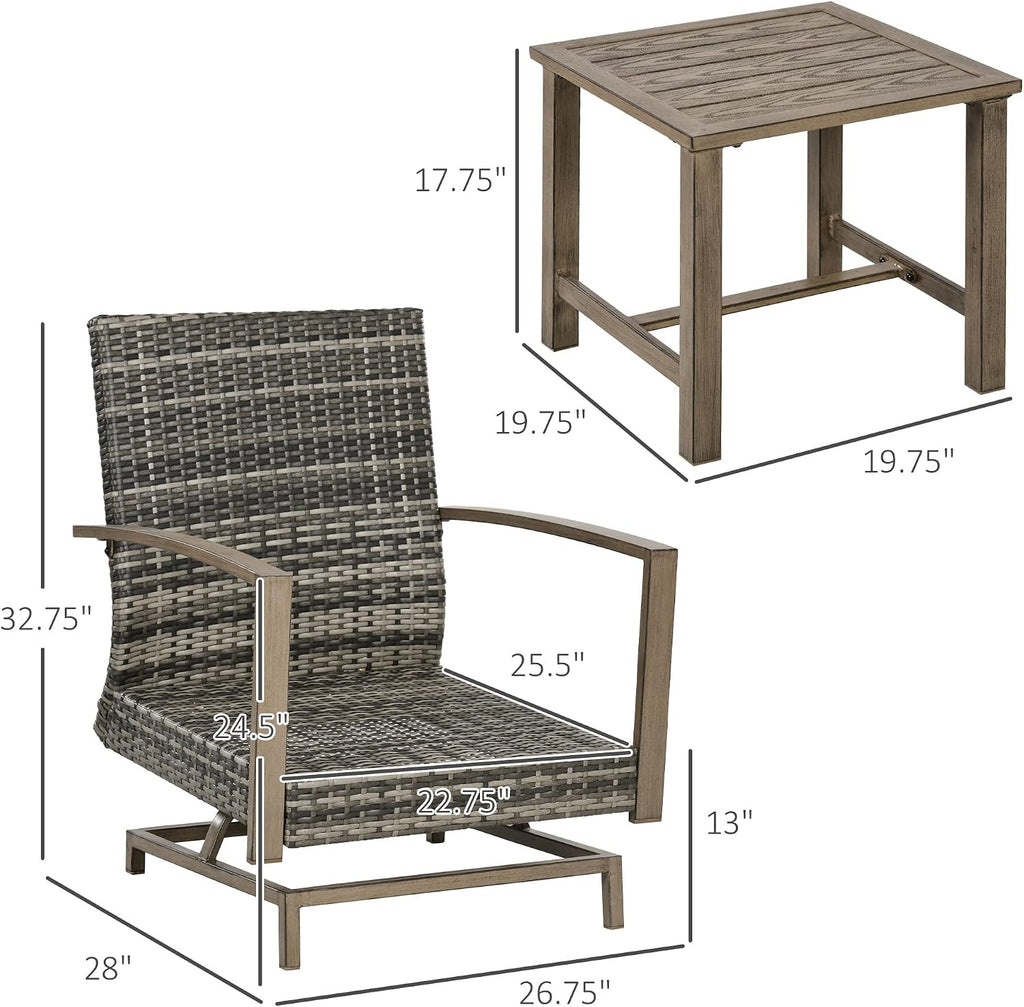 Outsunny 3-Piece Patio Wicker Bistro Set with Cushions, Aluminum Frame Outdoor PE Rattan Conversation Furniture with 2 Rocking Chairs, Slat Top Coffee Table for Porch, Backyard, Garden, Dark Gray